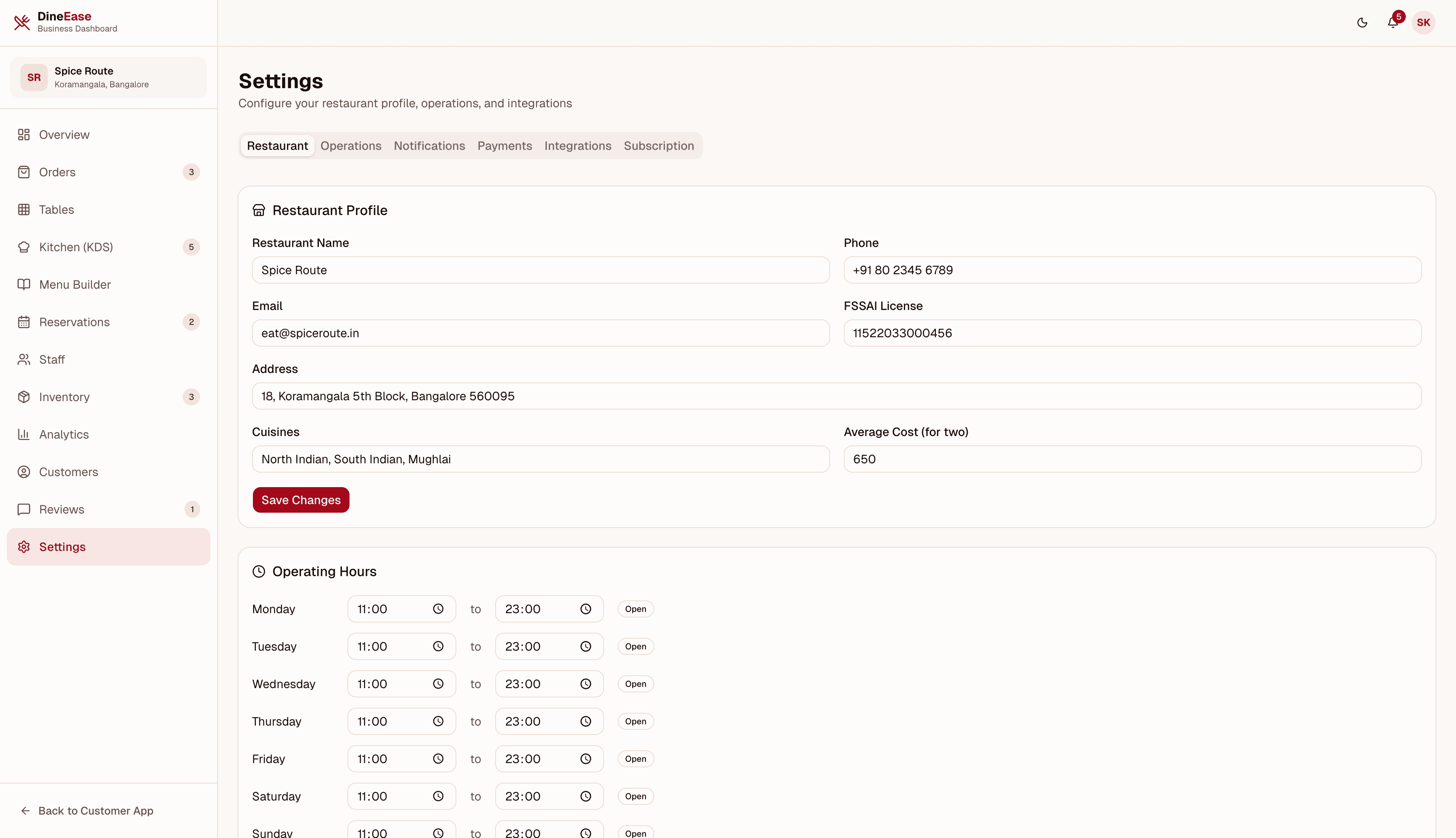 DineEase admin settings — restaurant profile, operating hours, payment config, and notifications
