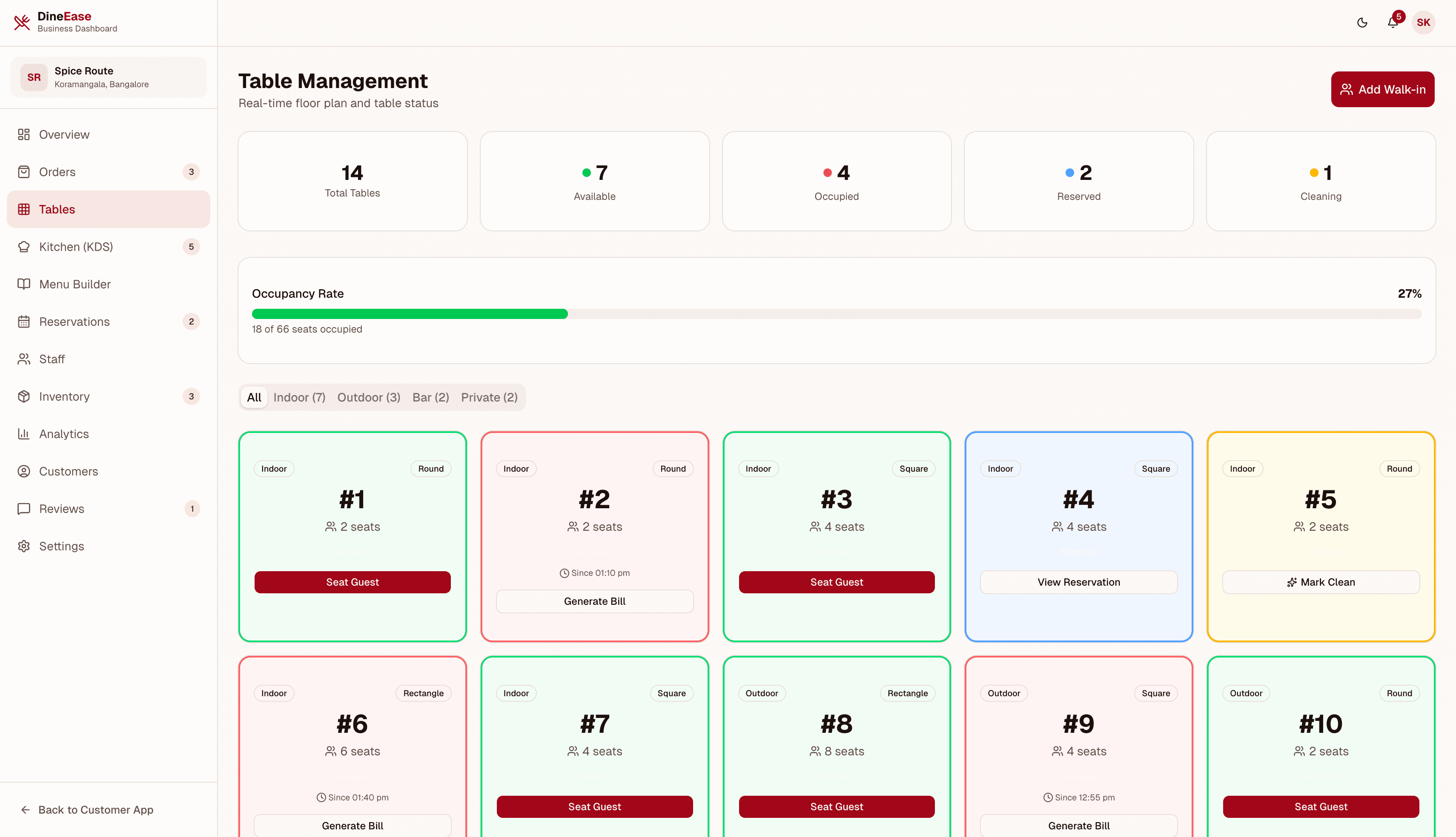 DineEase table management — visual floor plan with table status, capacity, and assignment