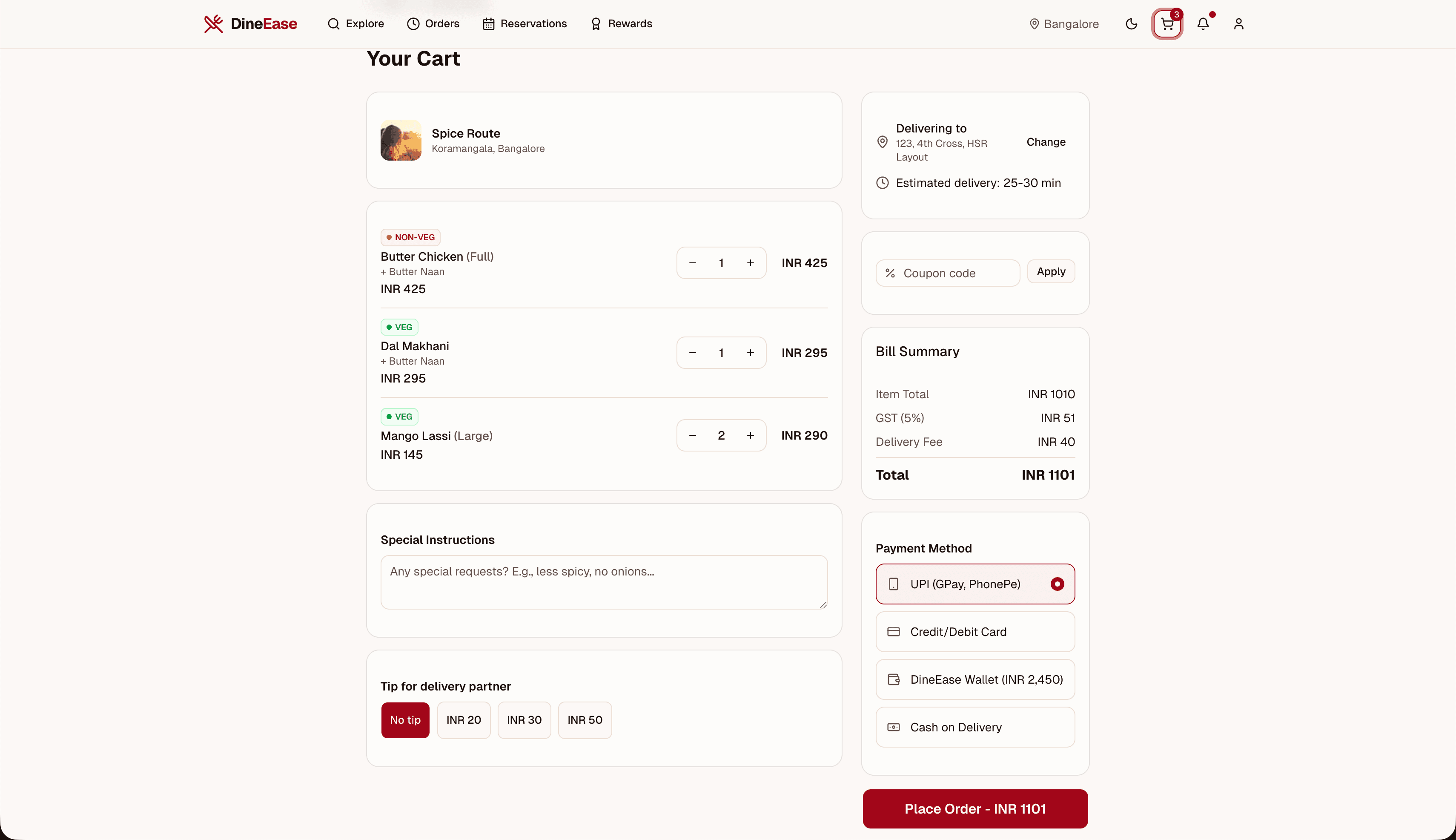 DineEase checkout — order summary with items, modifiers, delivery options, and payment methods