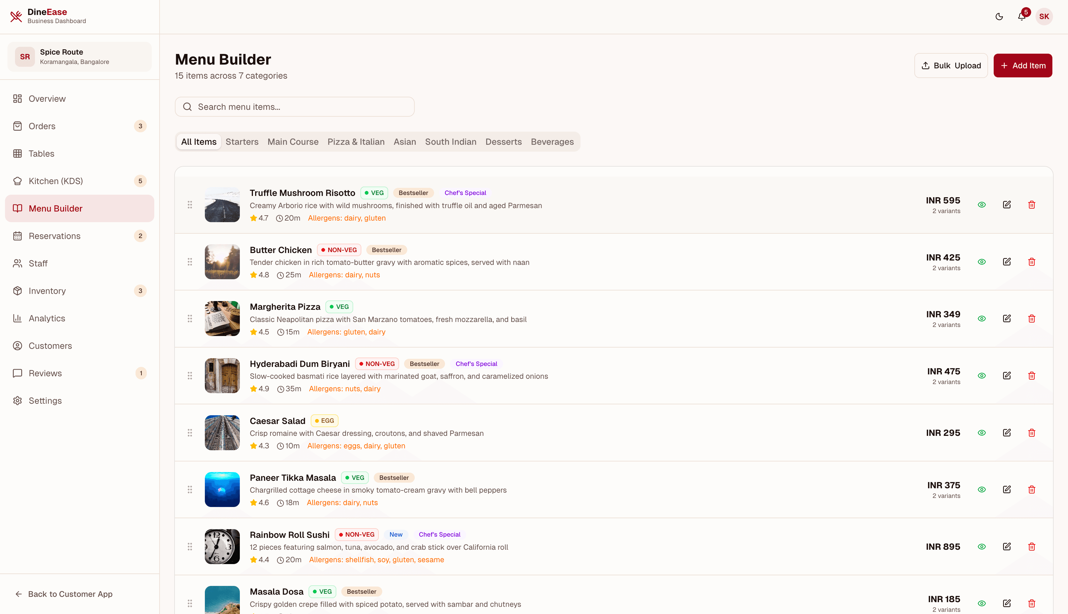 DineEase menu builder — categories, items, modifiers, pricing, and dietary tags