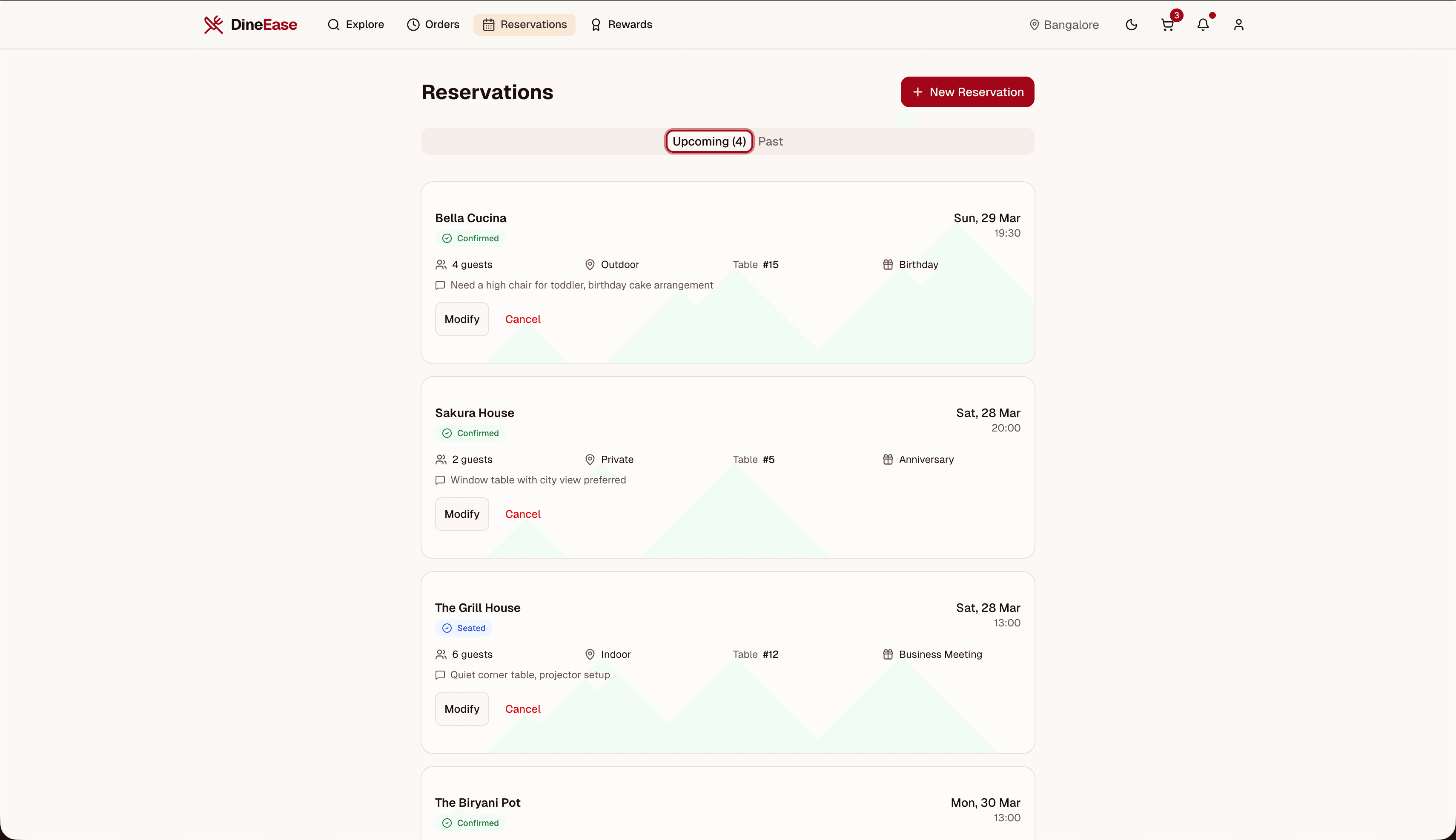 DineEase reservations — table booking with date, time slot, party size, and special requests