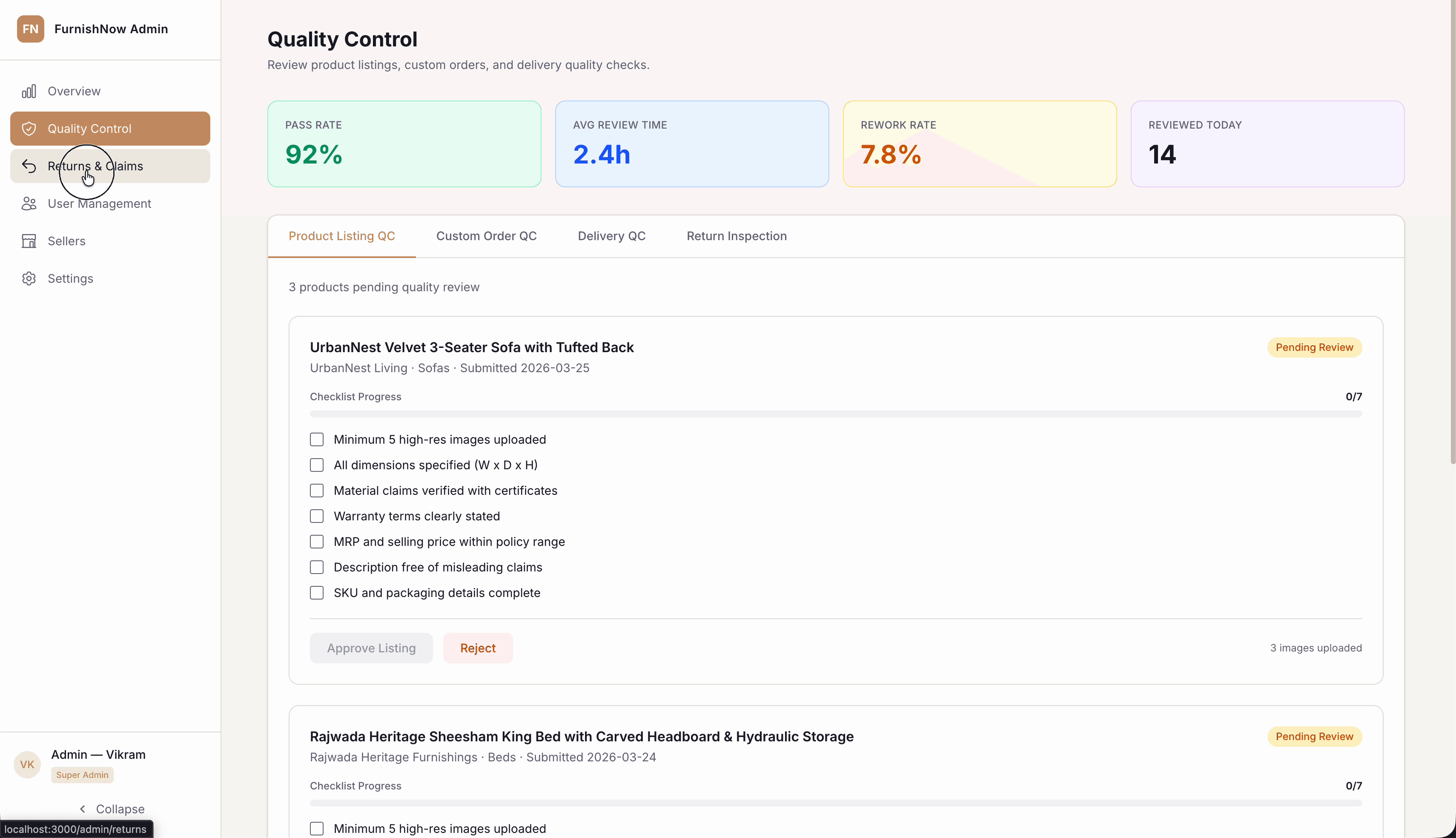 FurnishNow quality control — product listing verification with multi-point checklist