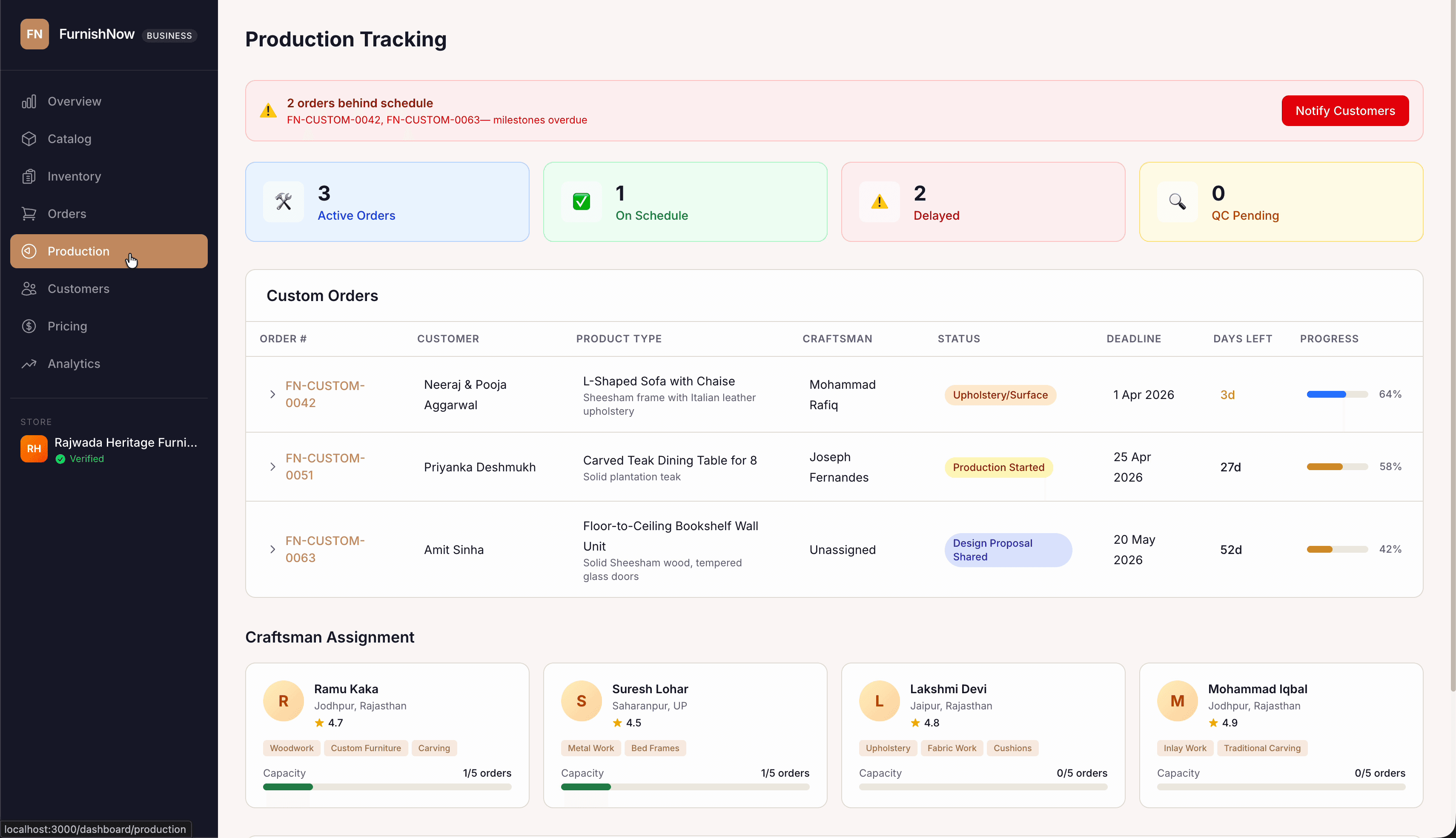 FurnishNow production — custom order tracking with craftsman assignment, deadlines, and progress