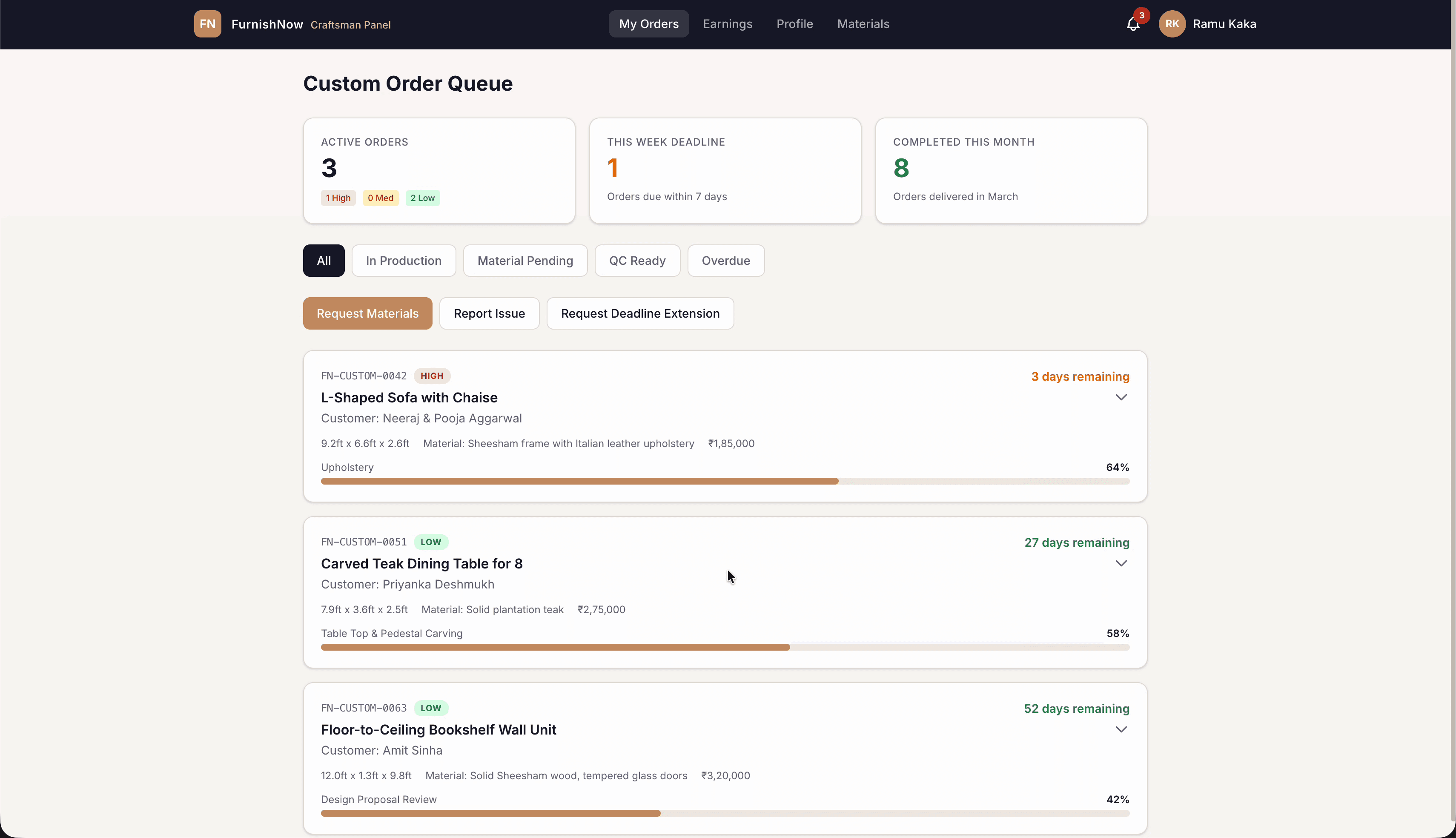 FurnishNow carpenter panel — custom order queue with urgency, progress bars, and deadlines