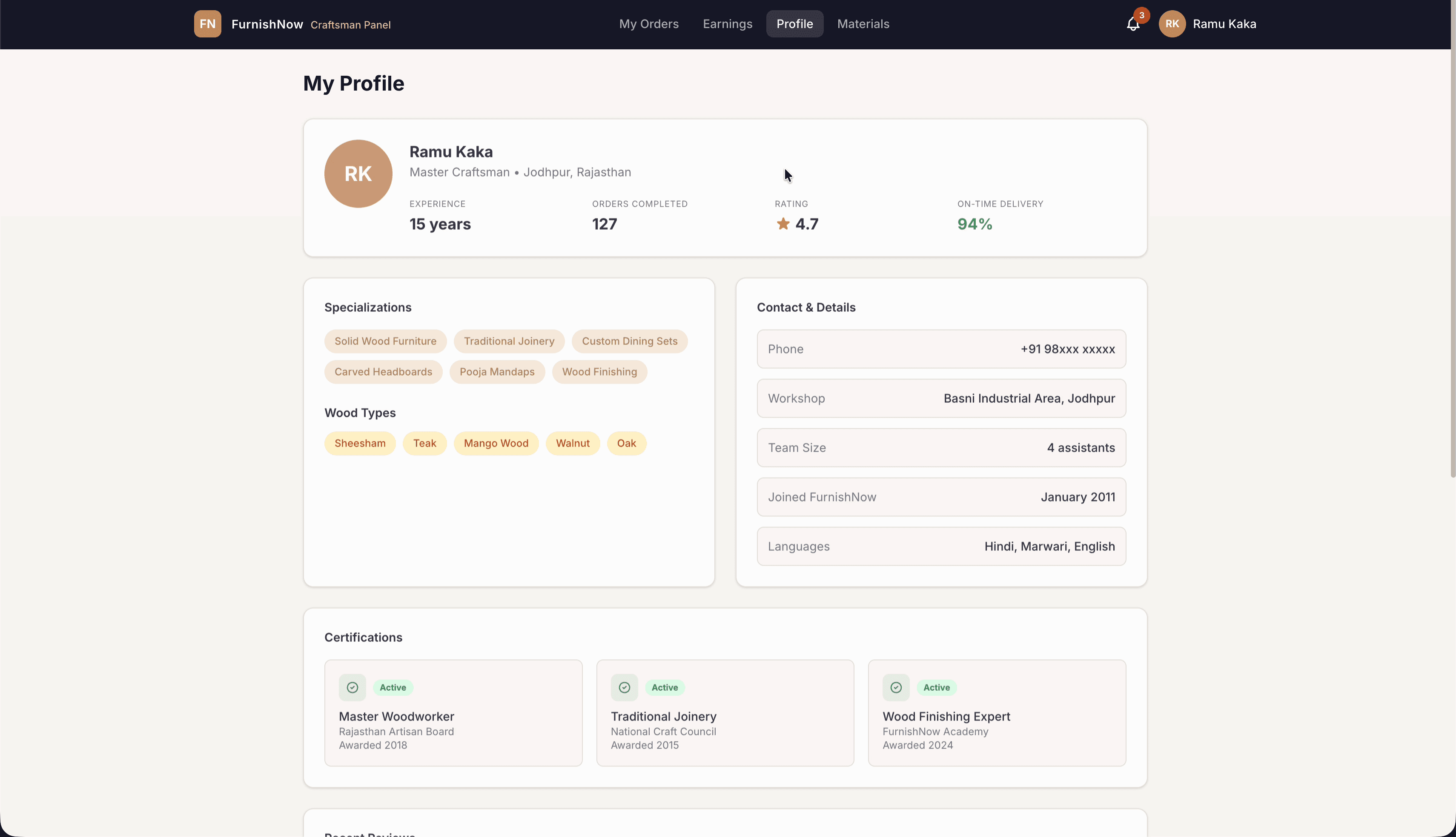 FurnishNow carpenter profile — specializations, wood types, certifications, and delivery rate