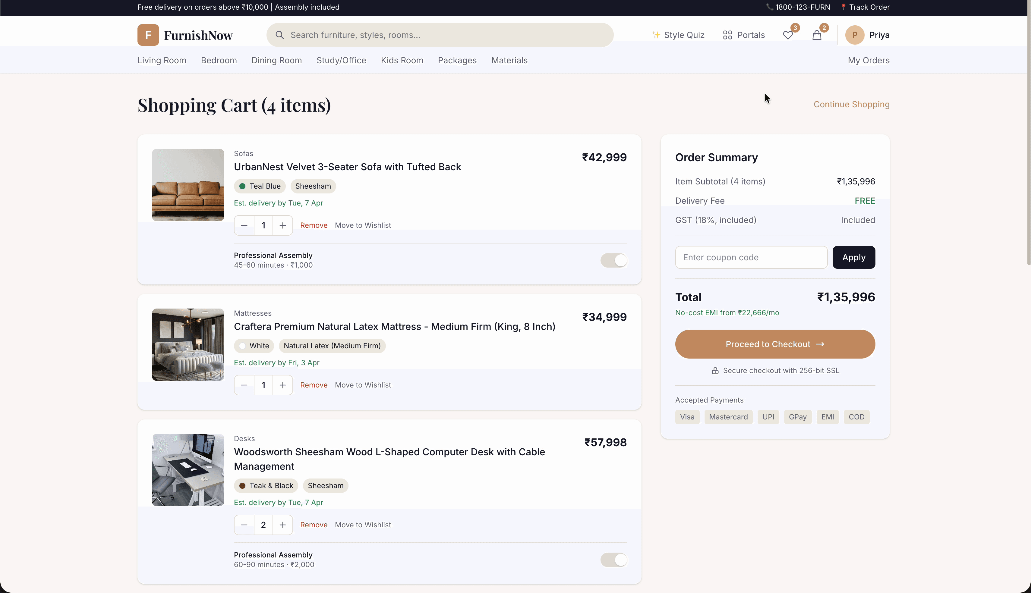FurnishNow cart — items with color/material variants, assembly service, order summary with GST