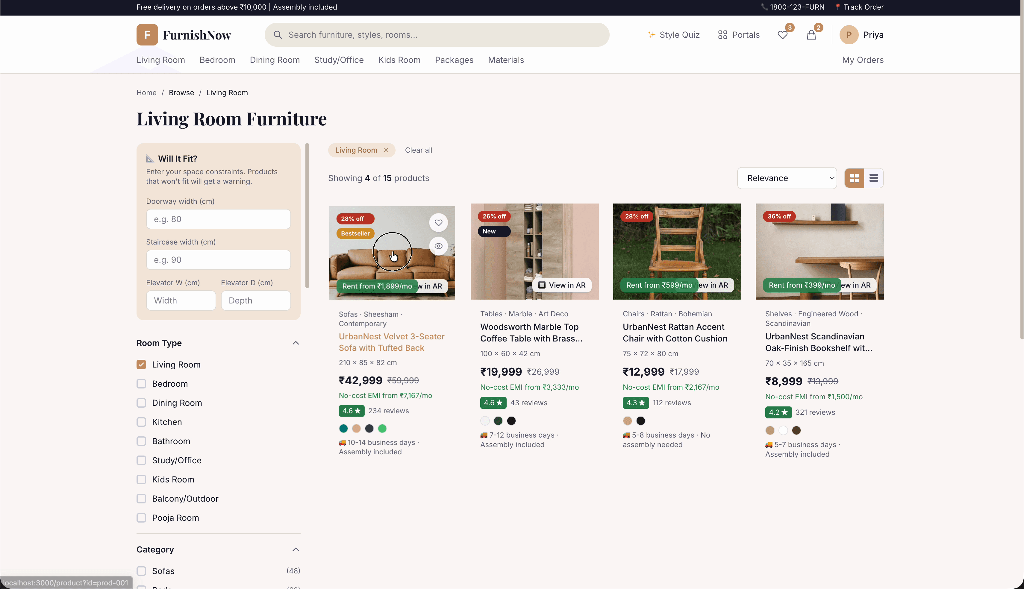 FurnishNow category browse — living room furniture with dimension filters, room type, and price range