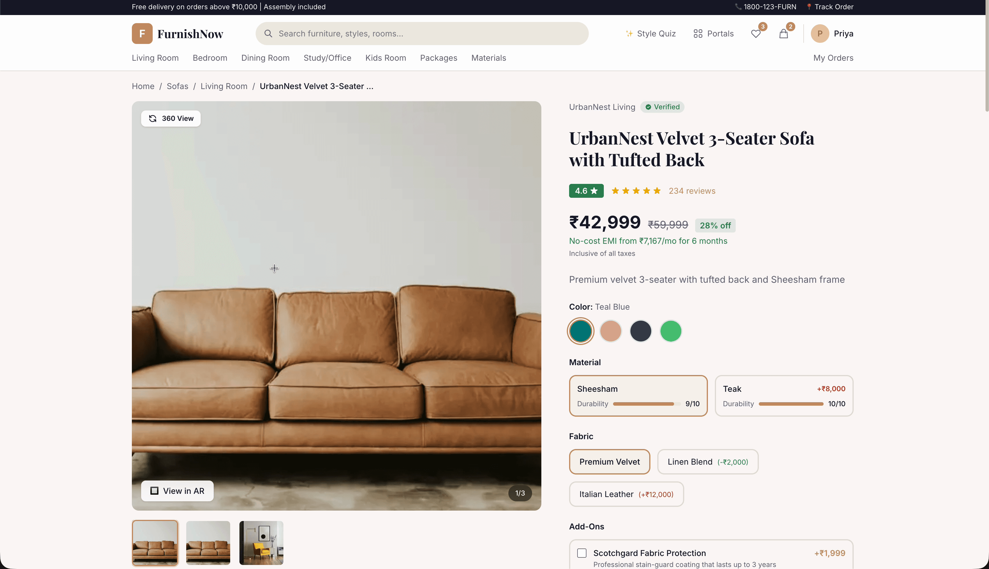 FurnishNow product detail — sofa with 360° view, material/fabric selection, add-ons, and AR placement