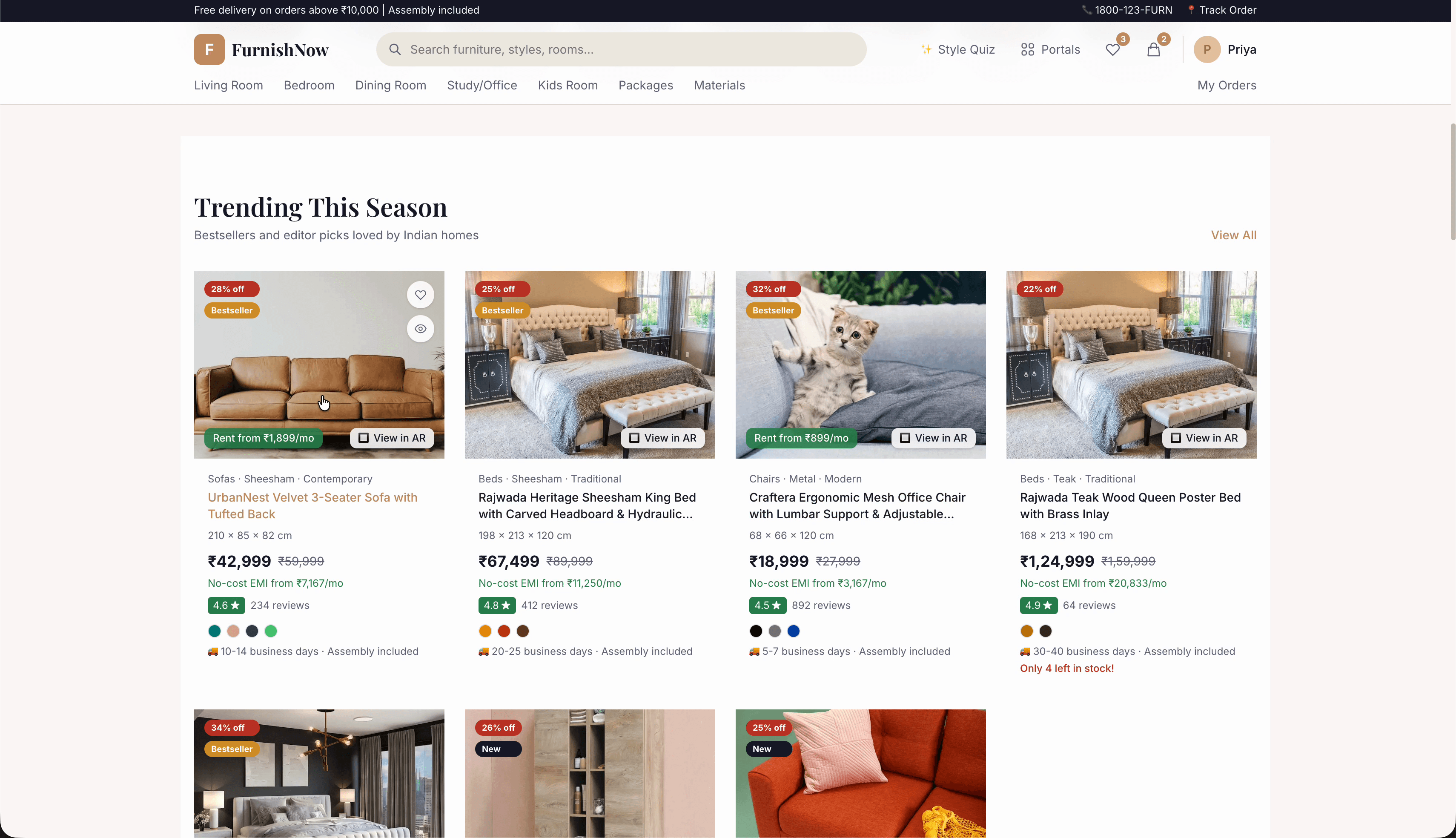 FurnishNow trending — bestseller furniture with AR view, EMI options, and assembly included badges