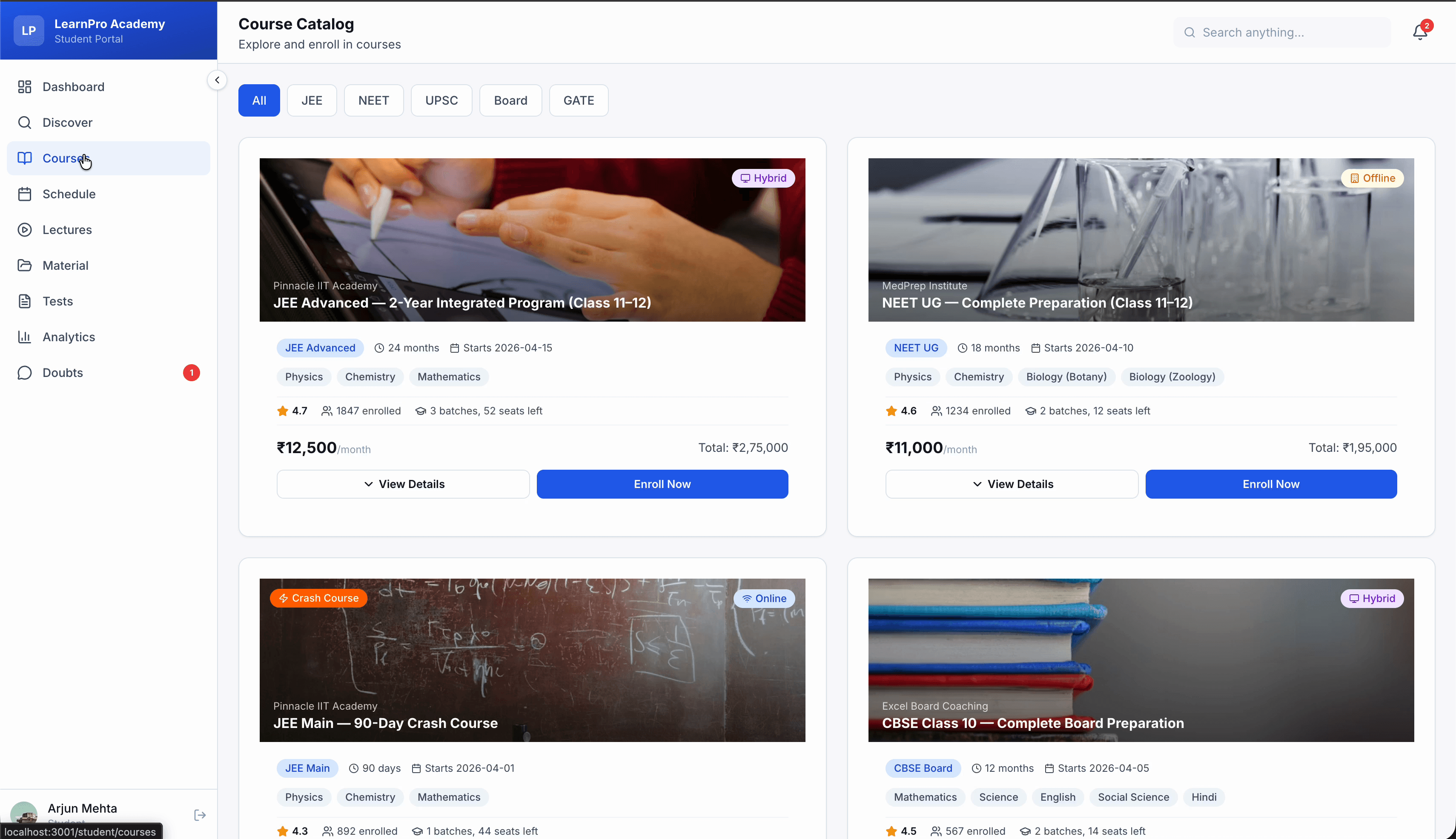 LearnPro course catalog — JEE, NEET, UPSC, Board programs with enrollment and pricing