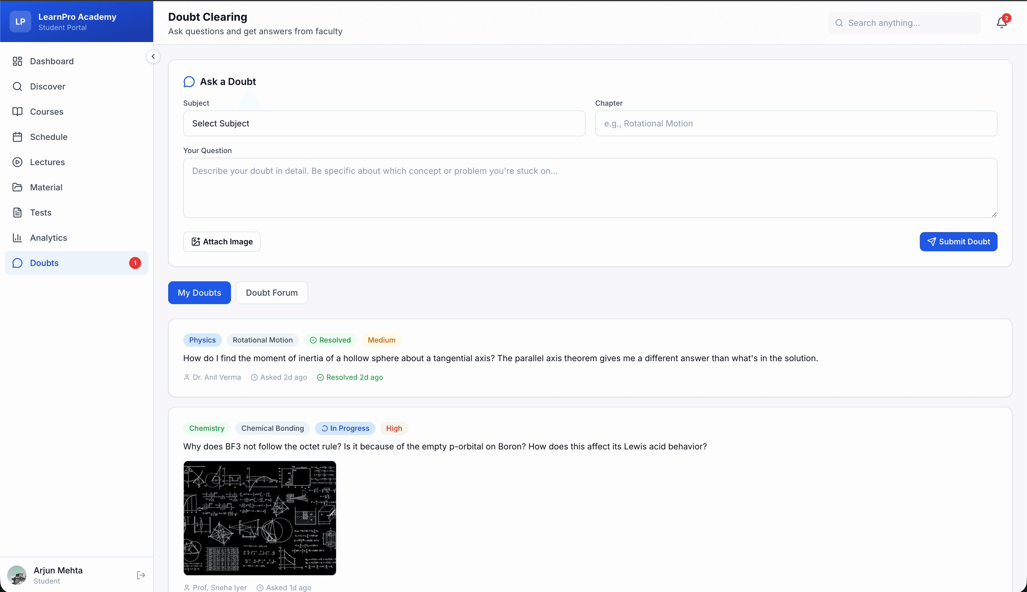 LearnPro doubt clearing — subject-tagged Q&A with faculty responses and doubt forum