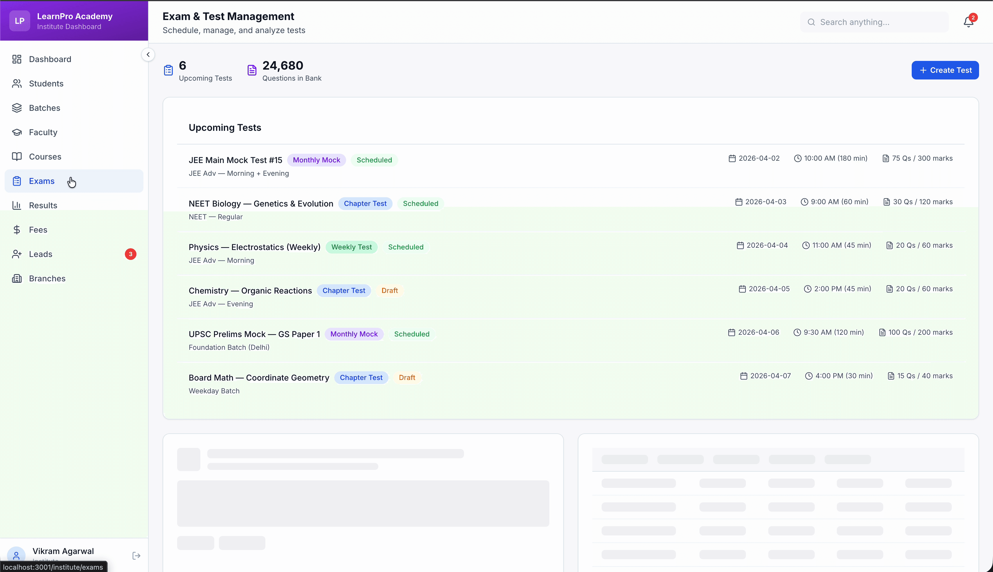 LearnPro exam management — test scheduling with question bank, exam types, and batches
