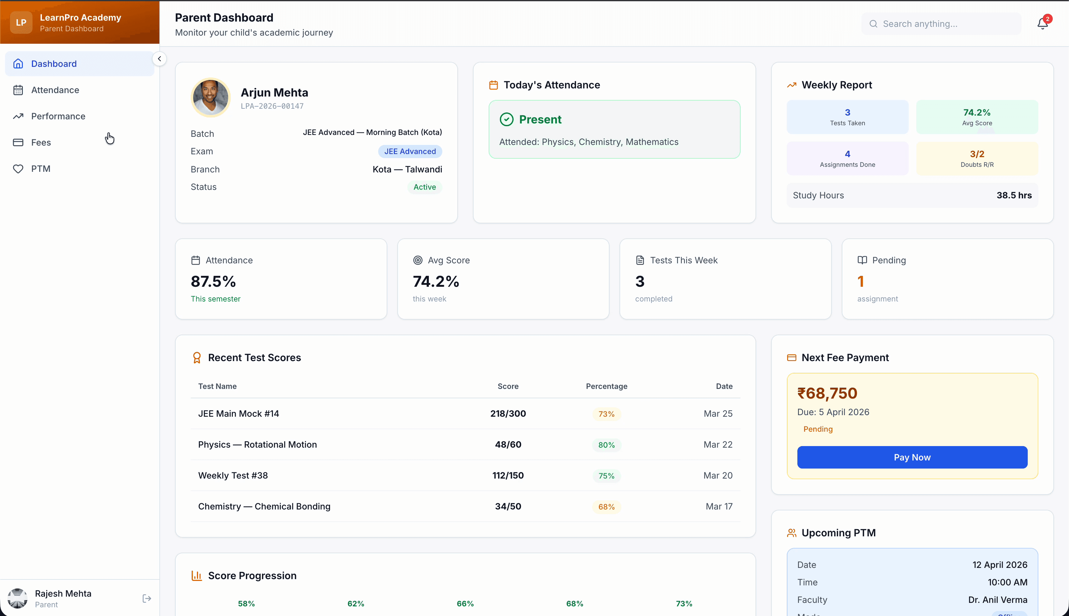 LearnPro parent dashboard — child's attendance, scores, fee payment, and PTM scheduling