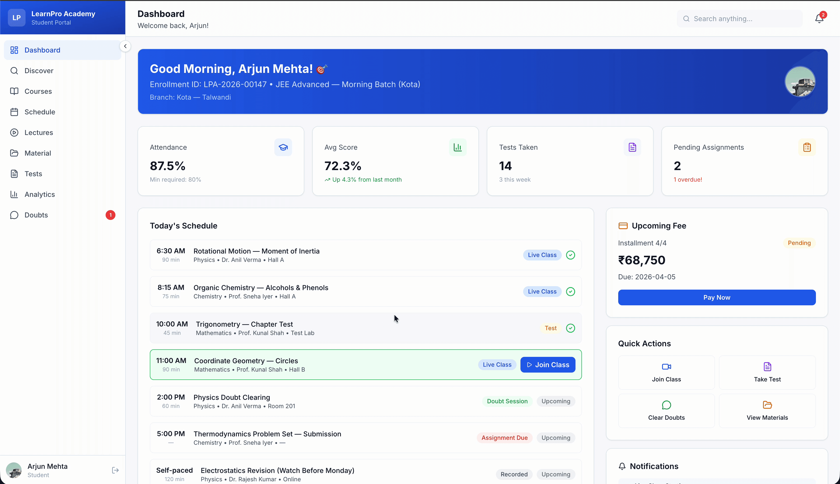 LearnPro student dashboard — attendance, scores, daily schedule, fee status, and quick actions