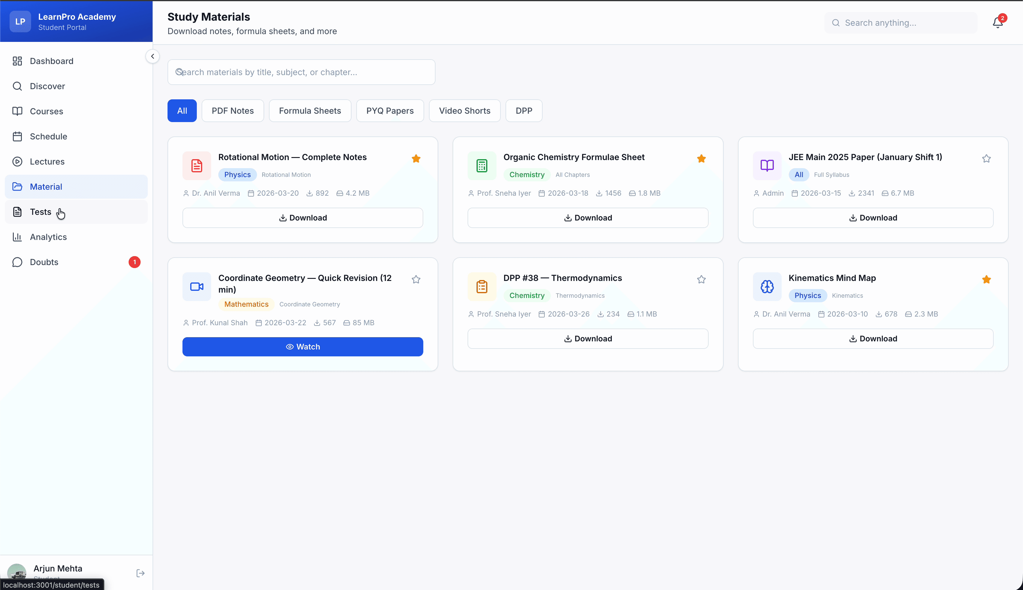 LearnPro study materials — PDF notes, formula sheets, PYQ papers, and video shorts