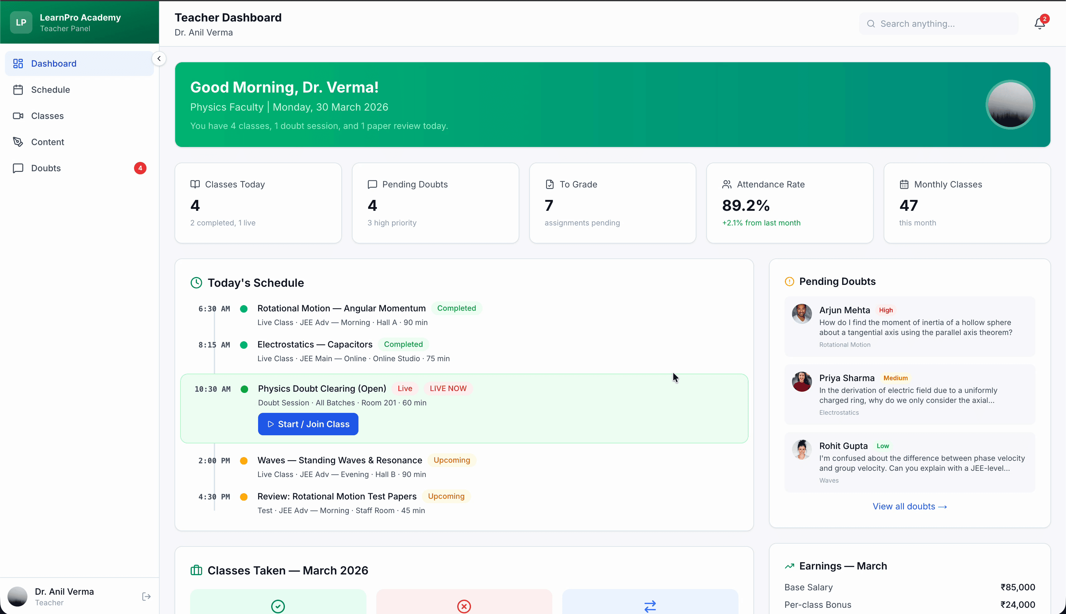 LearnPro teacher dashboard — schedule, classes, pending doubts, attendance, and earnings