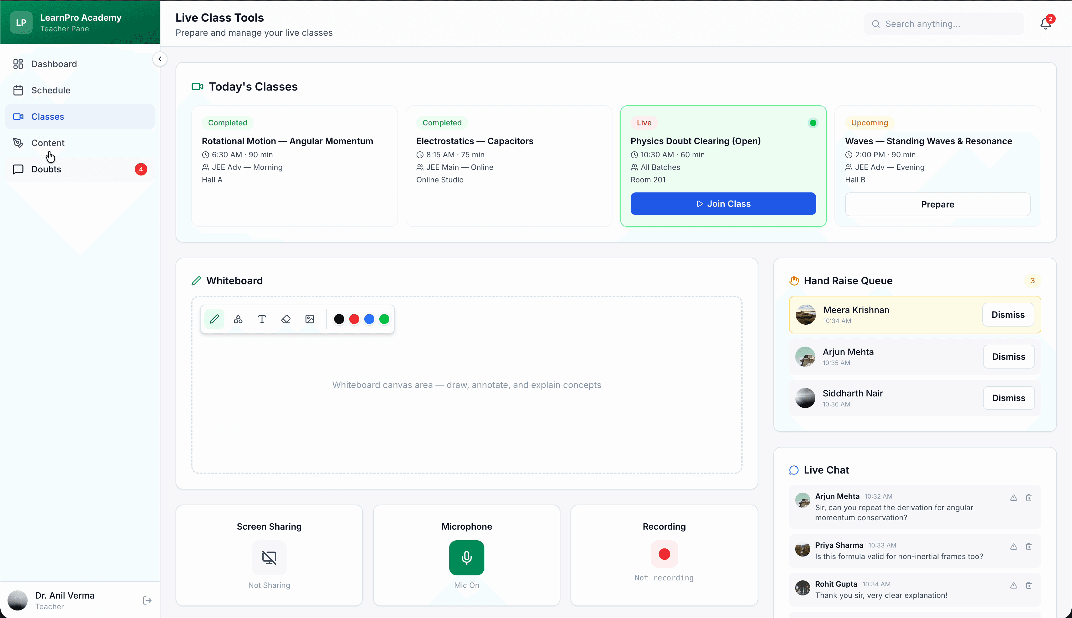 LearnPro live class tools — whiteboard, hand-raise queue, screen sharing, and live chat