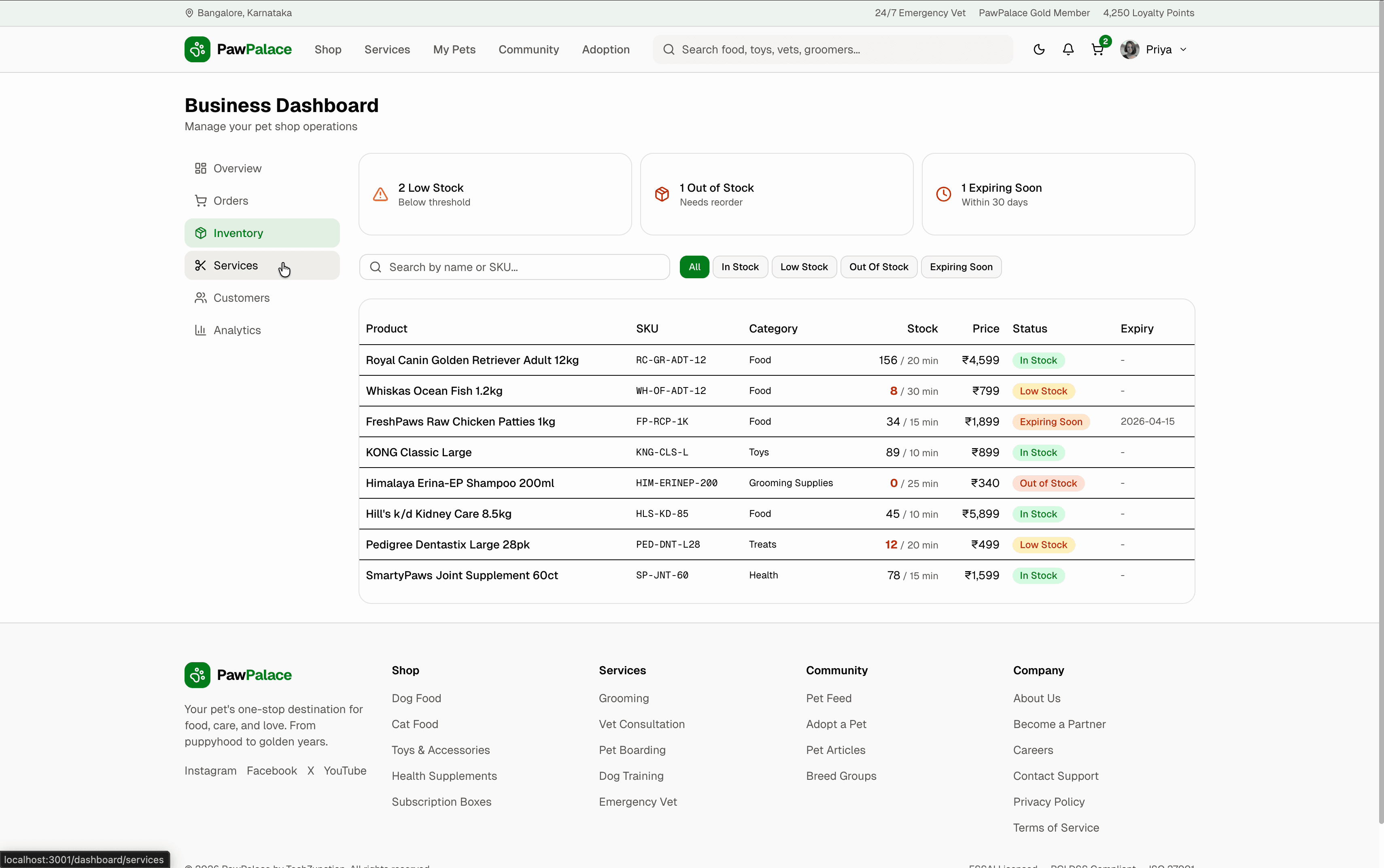 PawPalace inventory — stock levels, low-stock alerts, expiry tracking, and category filters