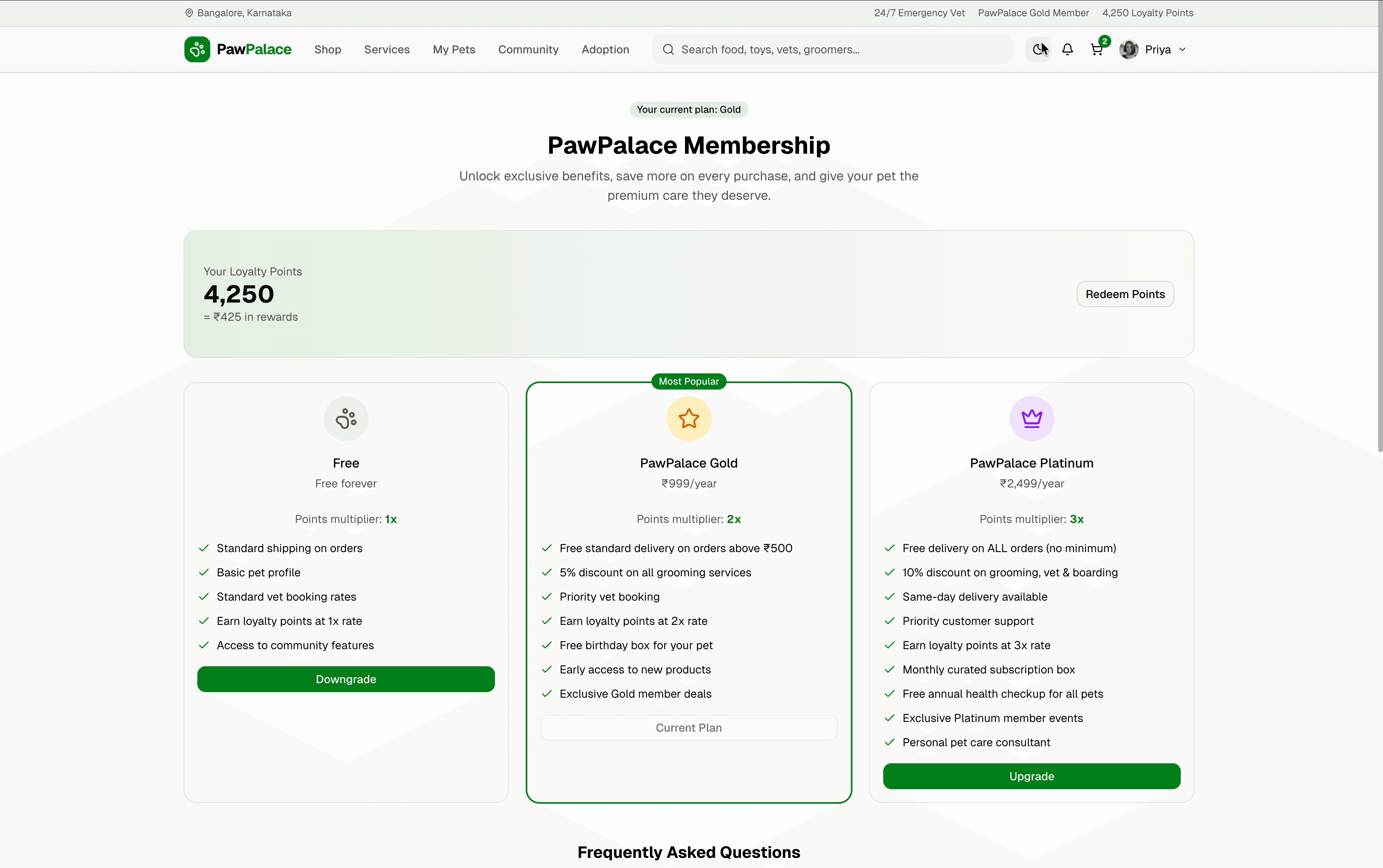 PawPalace membership — Free, Gold, Platinum tiers with loyalty points and benefits