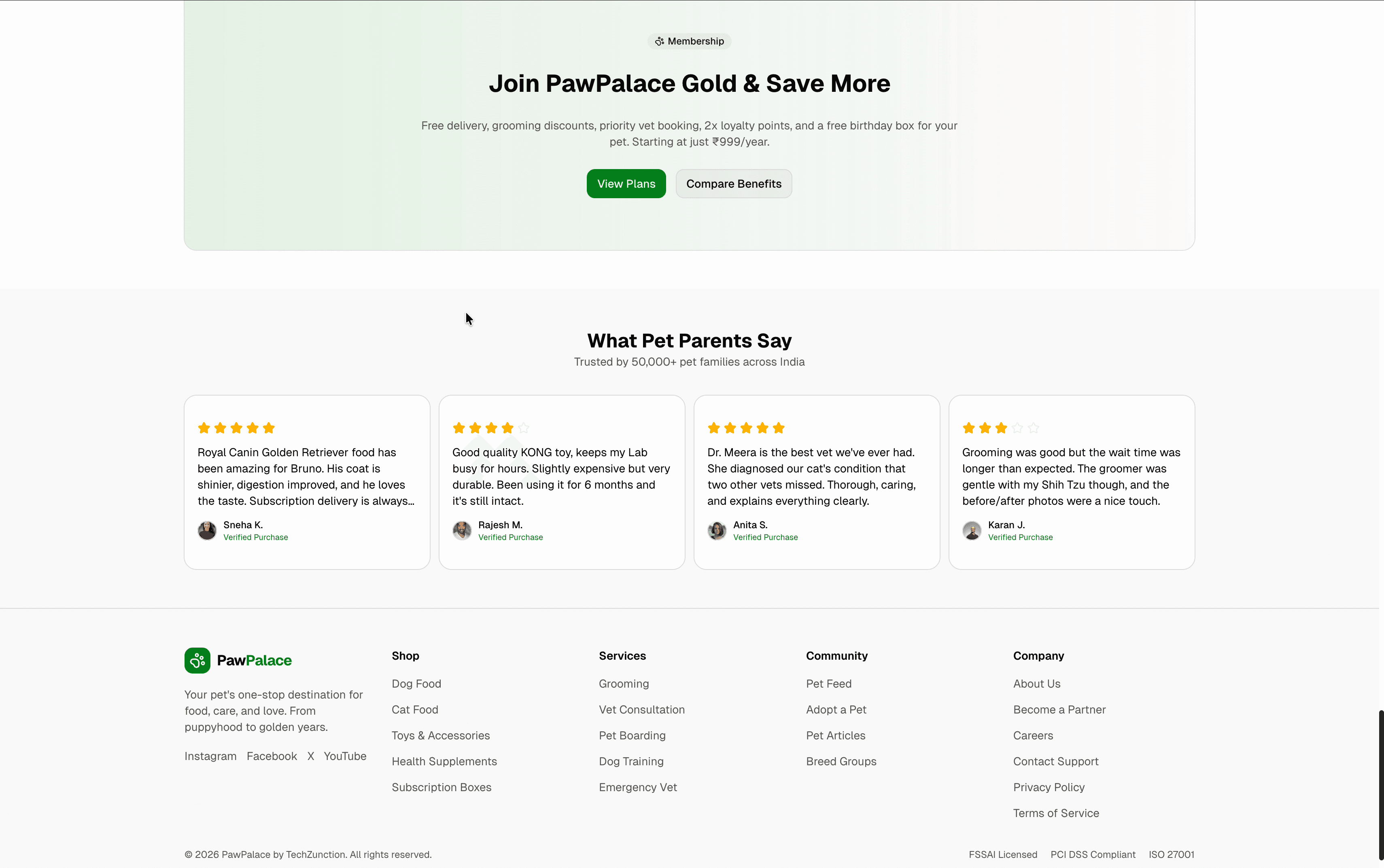 PawPalace Gold membership CTA and pet parent testimonials with ratings