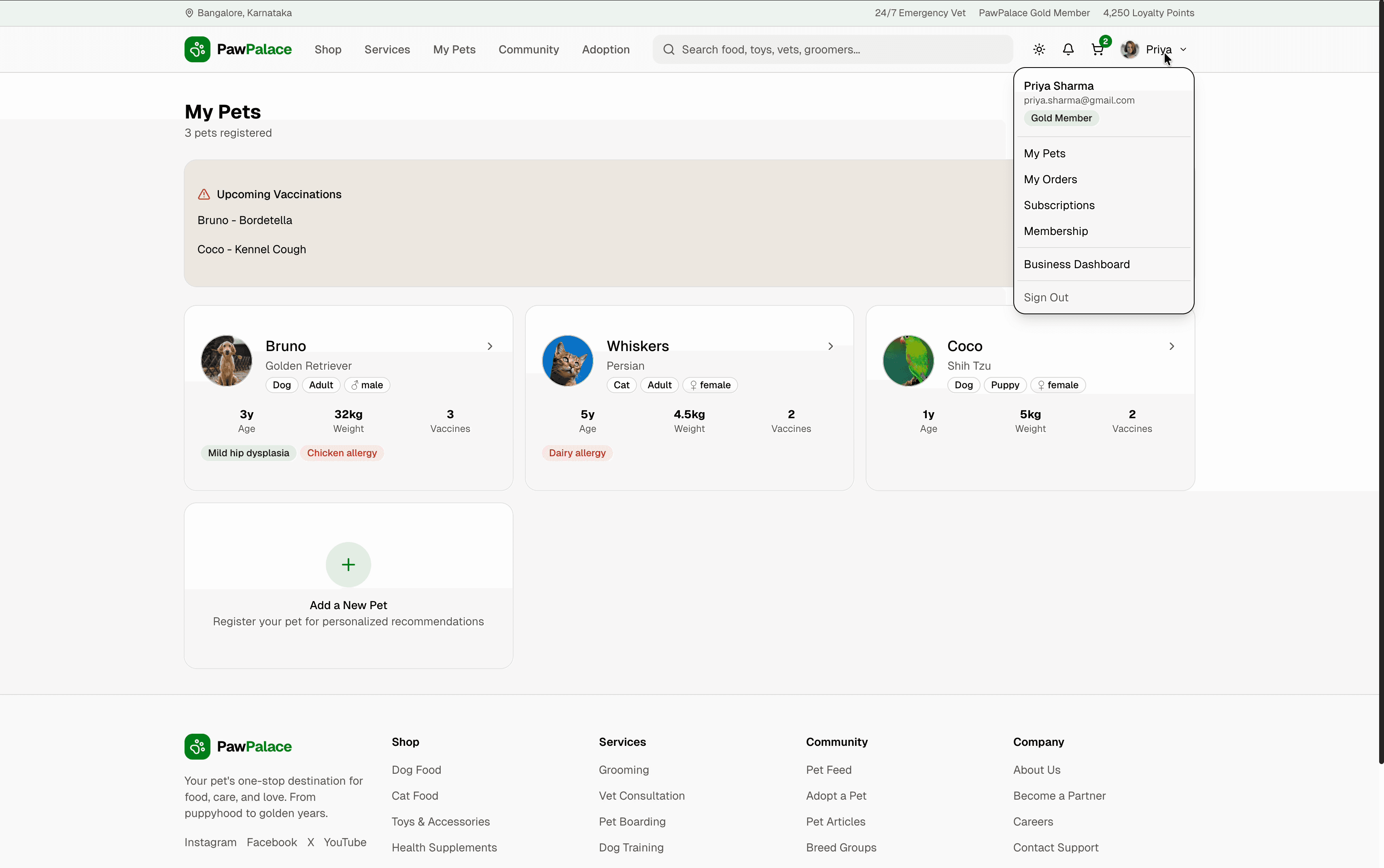 PawPalace My Pets — pet profiles with breed, age, weight, vaccinations, and allergy tracking
