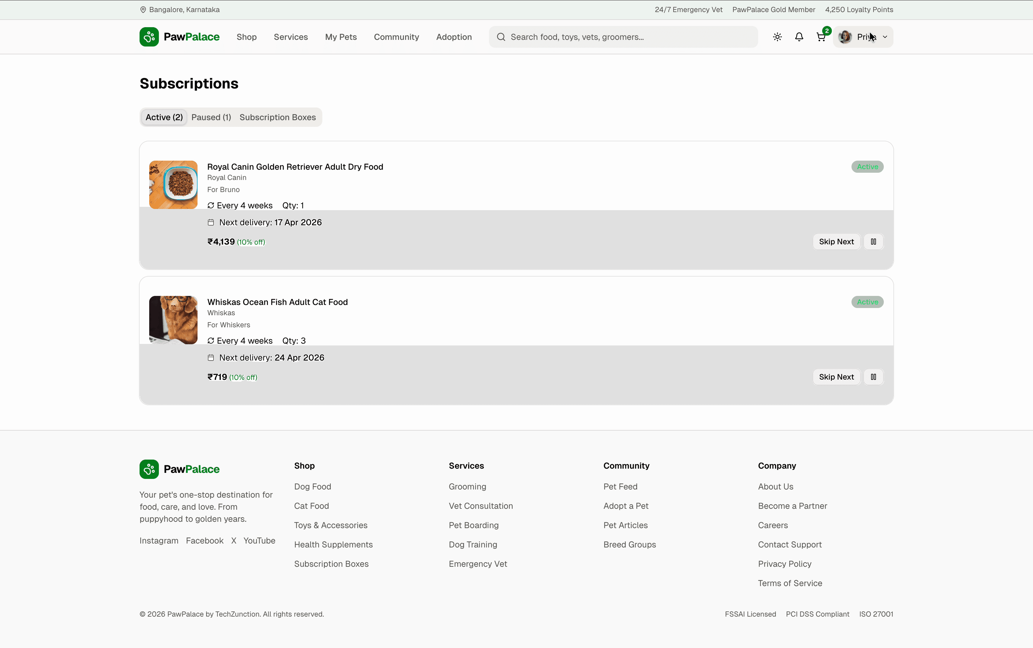PawPalace subscriptions — auto-reorder pet food with delivery schedule and pricing