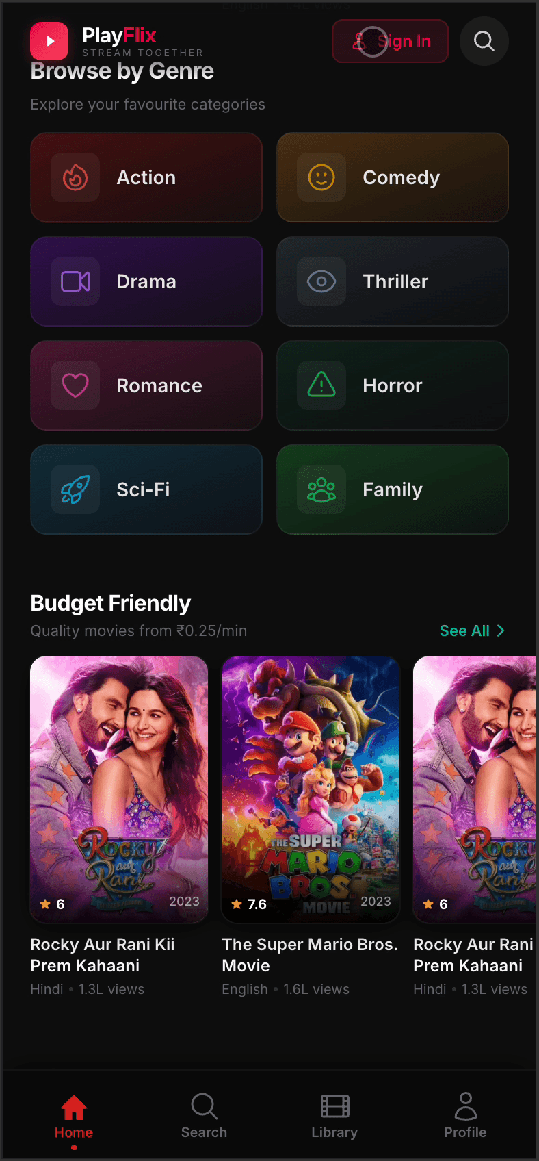 PlayFlix genres — Action, Comedy, Drama, Thriller, Romance, Horror, Sci-Fi, Family with Budget Friendly section