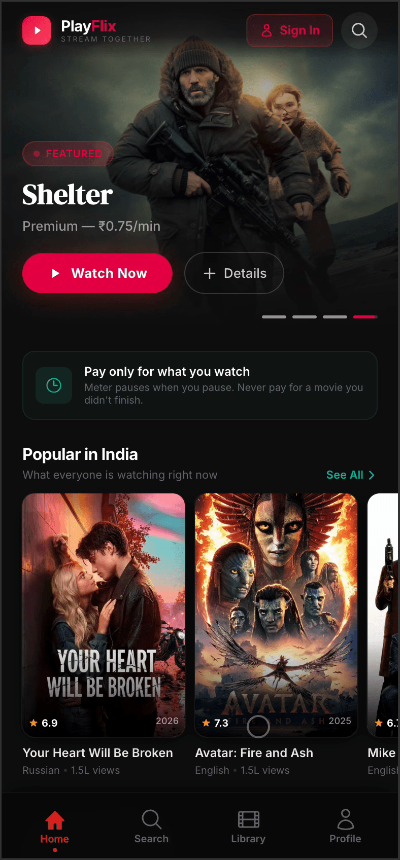 PlayFlix home — featured movie hero with Watch Now, PPM pricing, and Popular in India carousel
