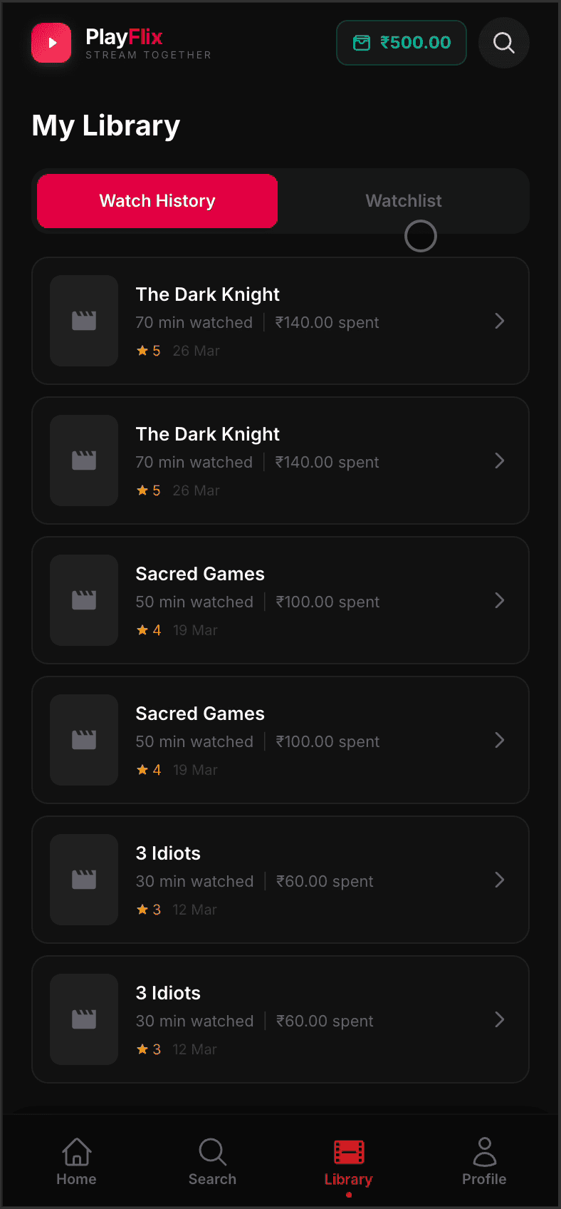 PlayFlix library — watch history with minutes watched, amount spent per session, and watchlist