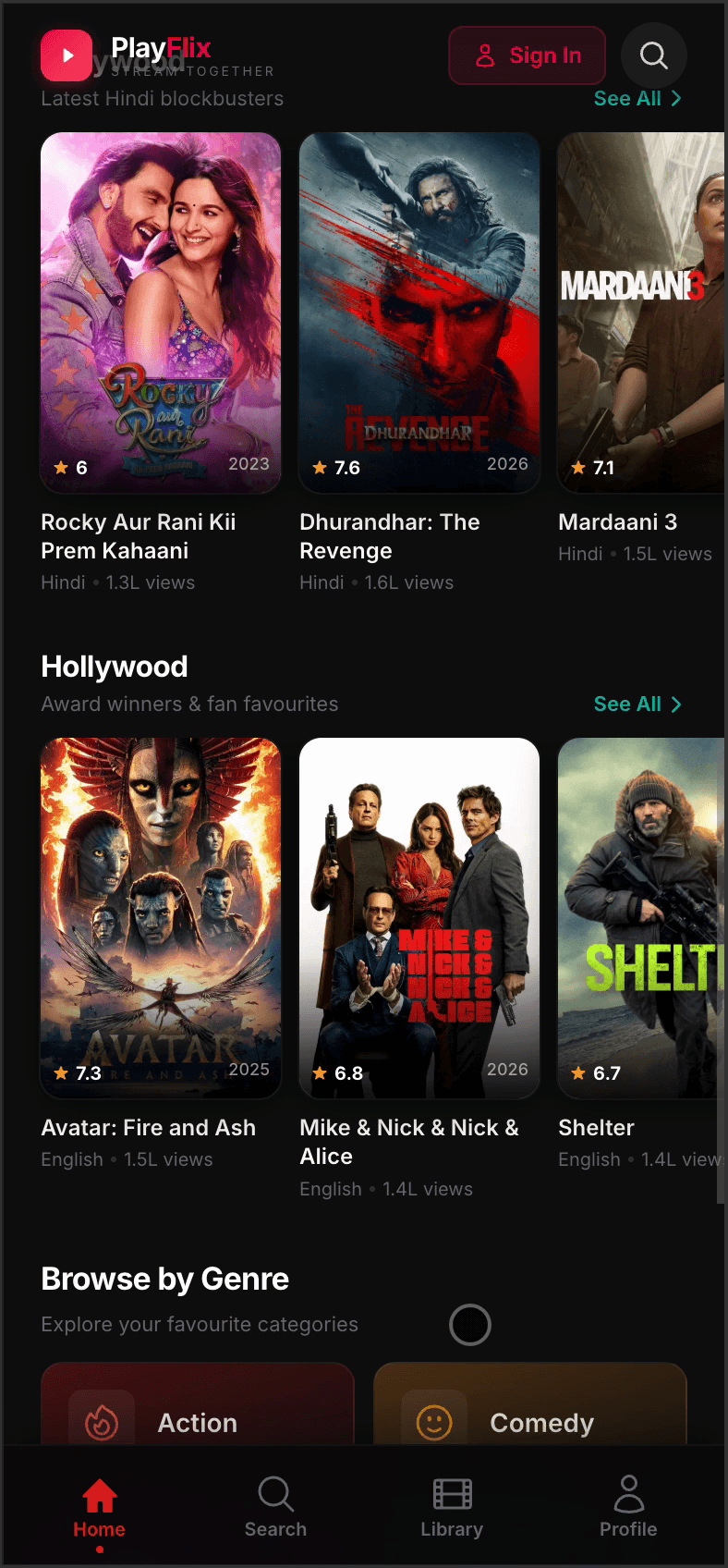 PlayFlix browse — Bollywood, Hollywood carousels and Browse by Genre grid