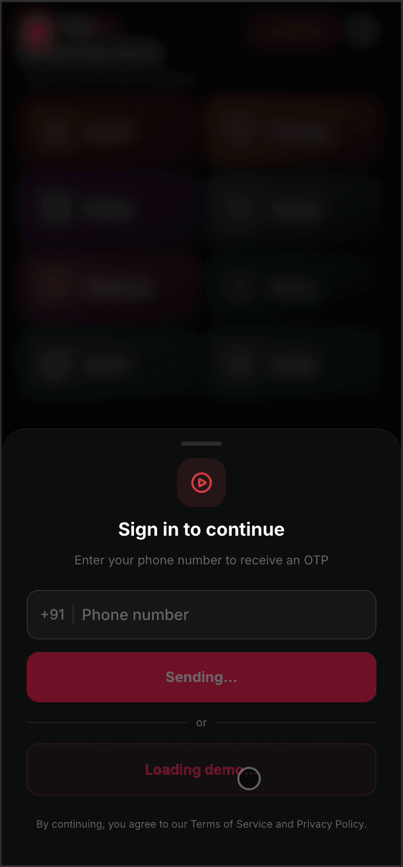 PlayFlix login — phone OTP authentication with demo mode loading