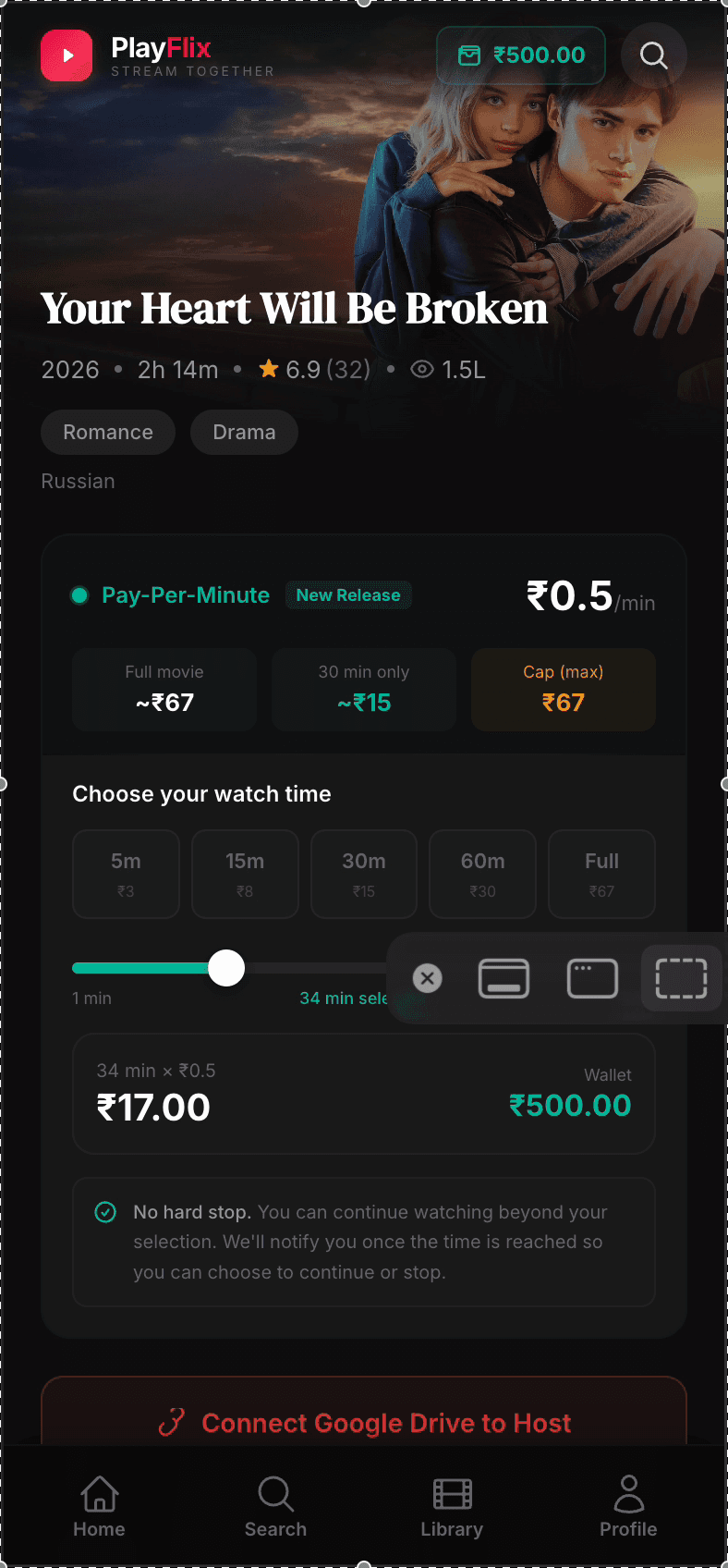 PlayFlix watch time selector — 34 min selected at Rs 0.5/min = Rs 17, wallet balance Rs 500