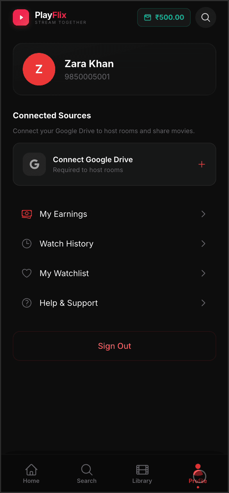 PlayFlix profile — Google Drive connection, earnings, watch history, watchlist, and support