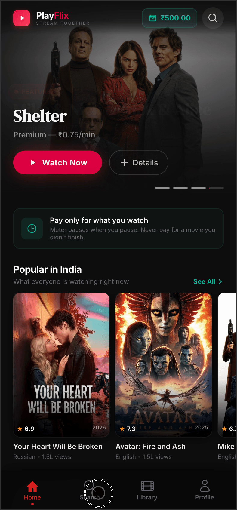 PlayFlix wallet — Rs 500 balance with featured movie and pay-only-for-what-you-watch messaging