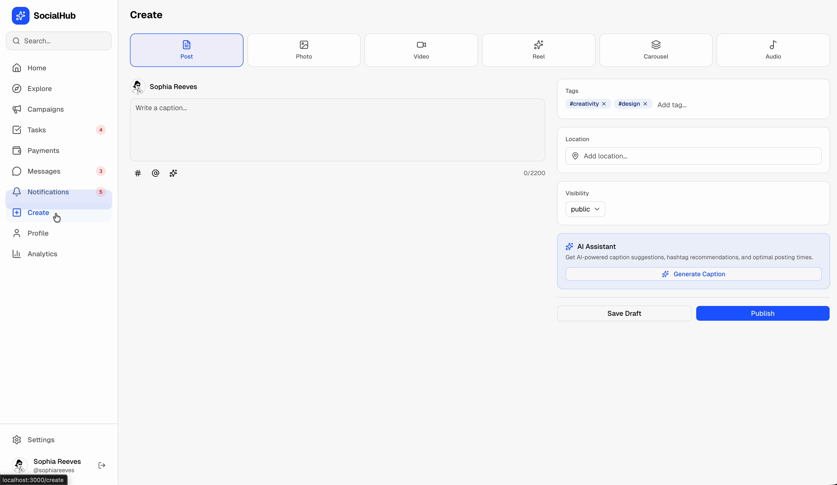 SocialHub create — post editor with AI caption generator, tags, location, and visibility settings