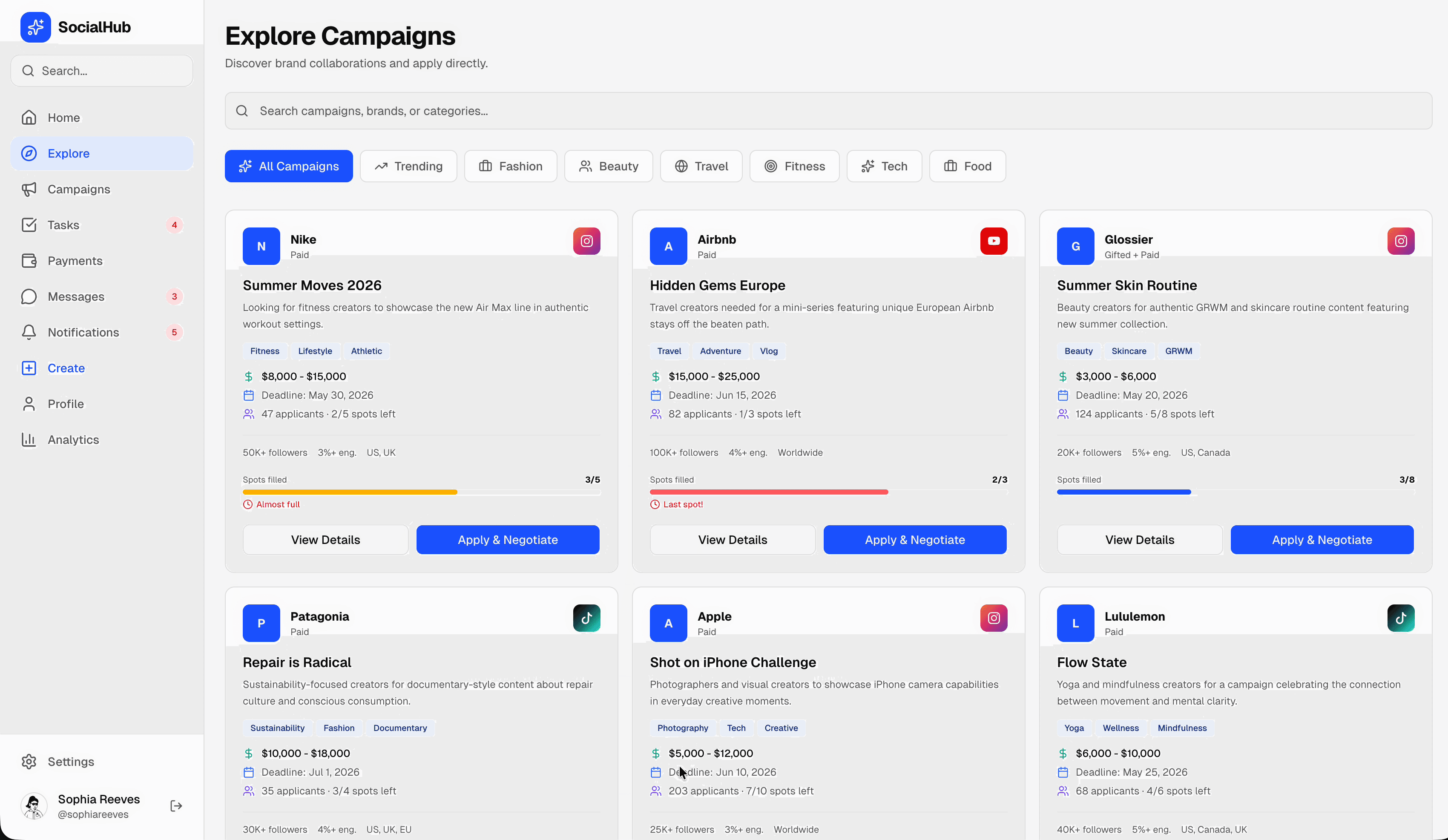 SocialHub explore — Nike, Airbnb, Glossier, Patagonia, Apple, Lululemon campaigns with Apply & Negotiate