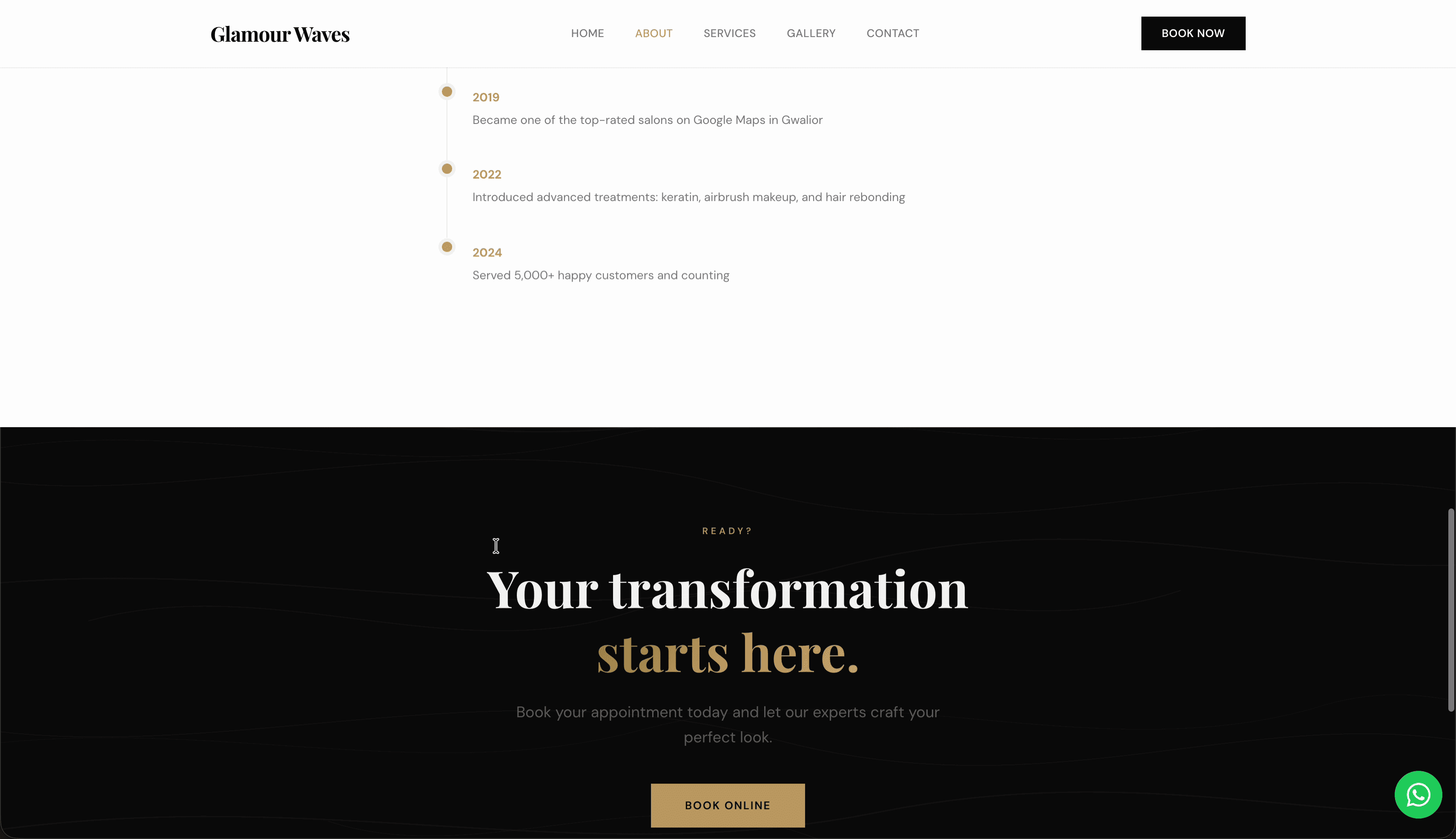 Velvet about timeline — salon milestones from 2016 to 2024 and transformation CTA