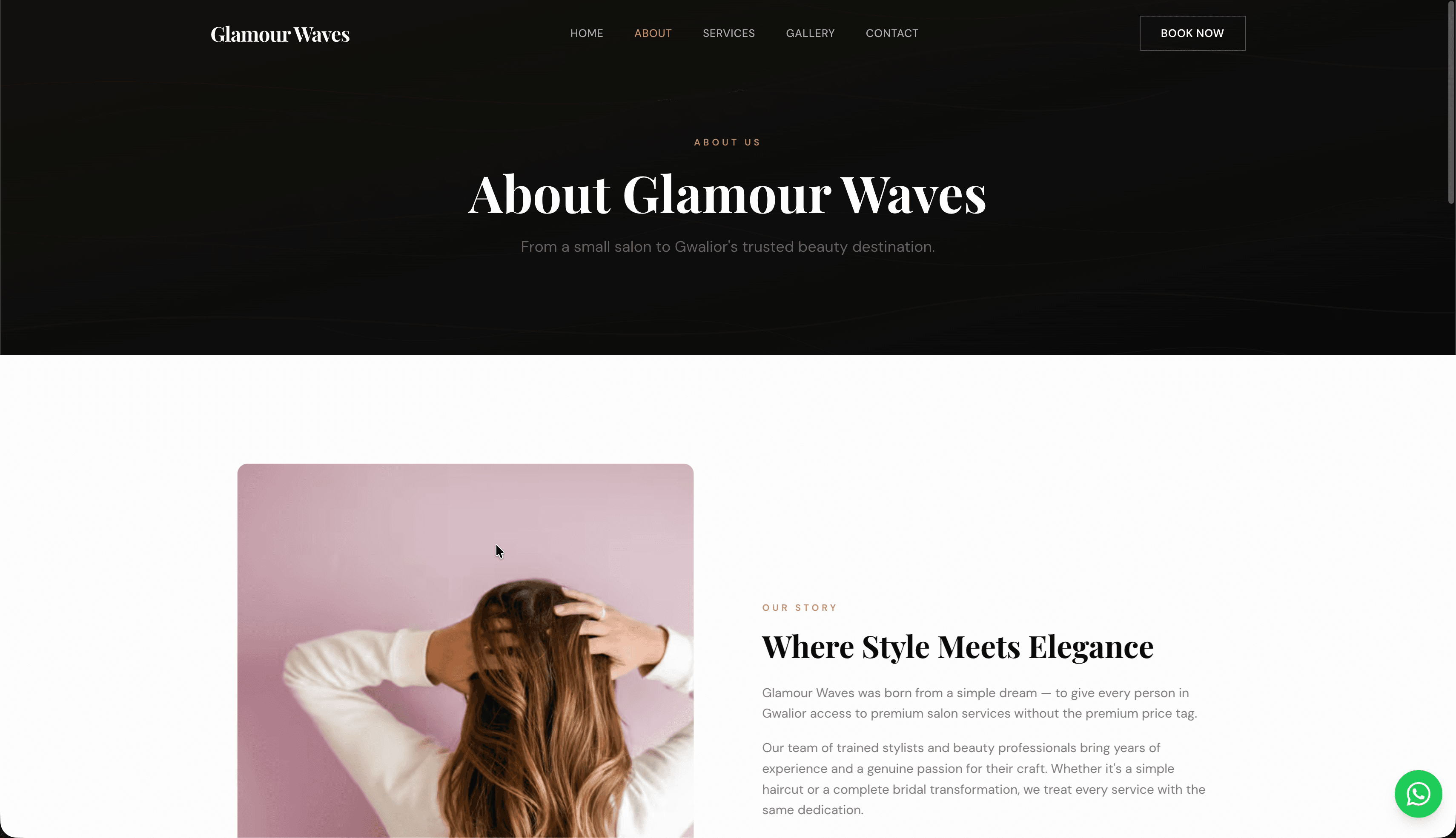 Velvet about — salon story with 'Where Style Meets Elegance' and team description