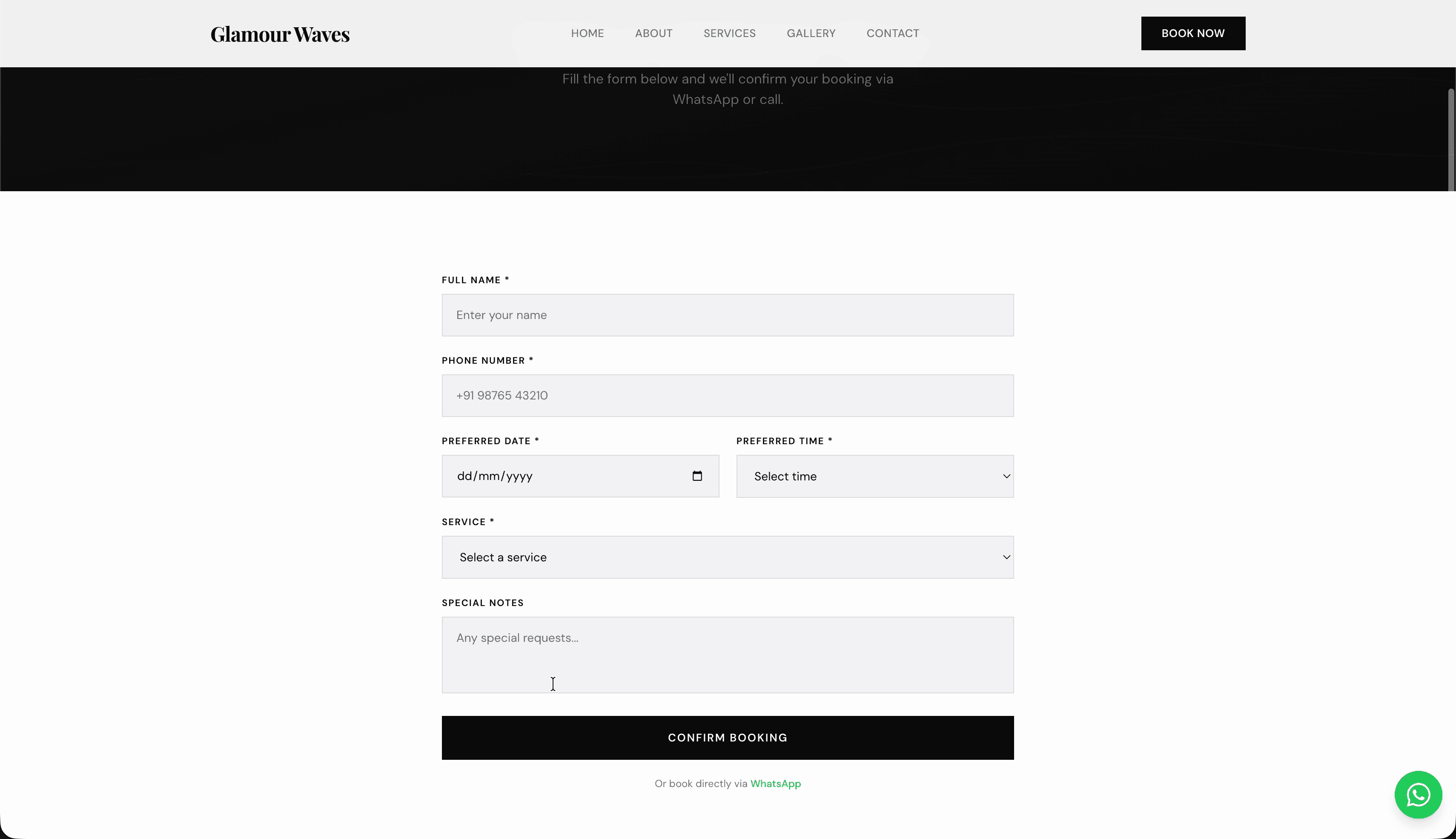 Velvet booking — appointment form with date, time, service selection, and WhatsApp fallback