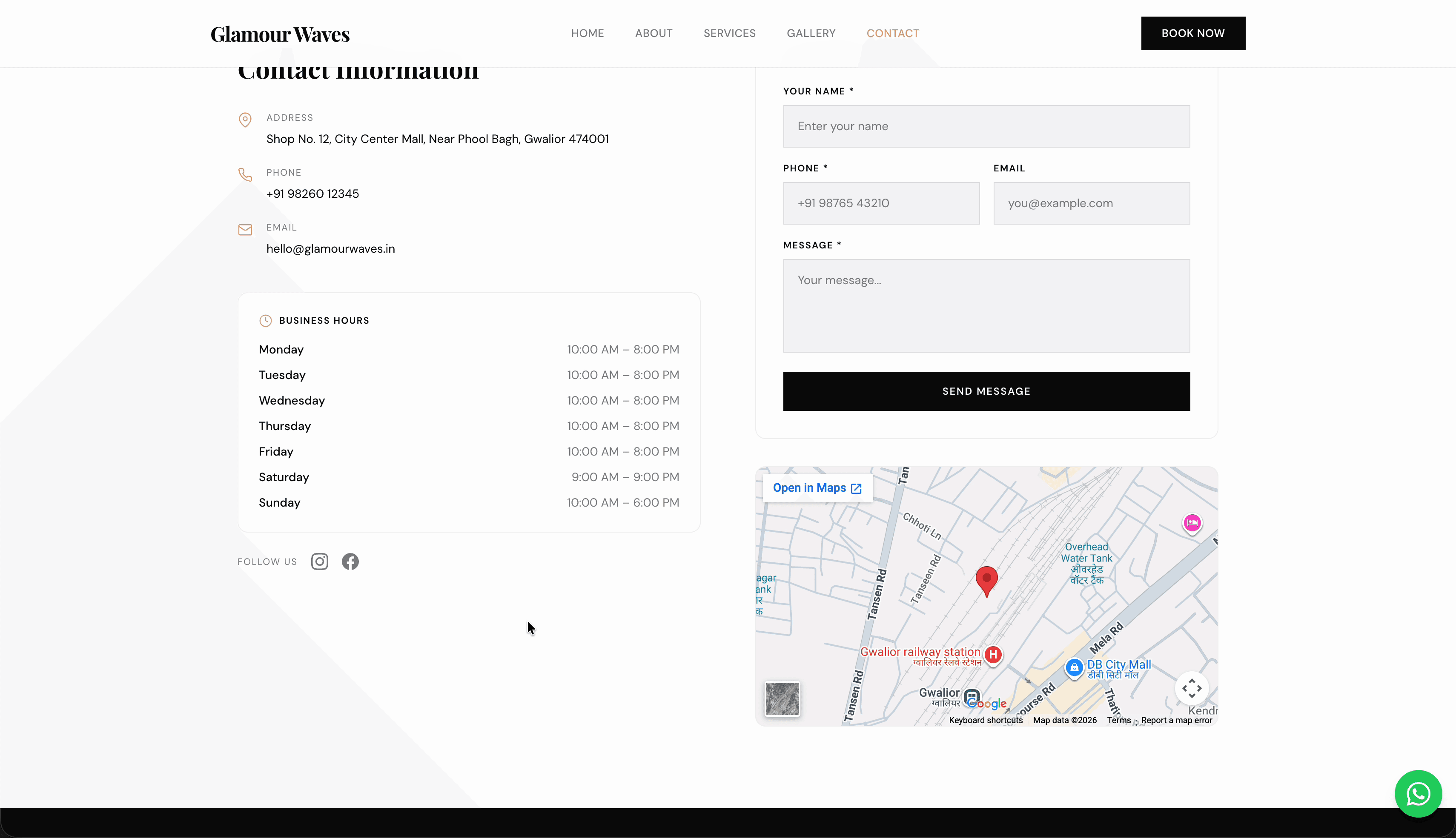 Velvet contact — address, phone, email, business hours, contact form, and Google Maps
