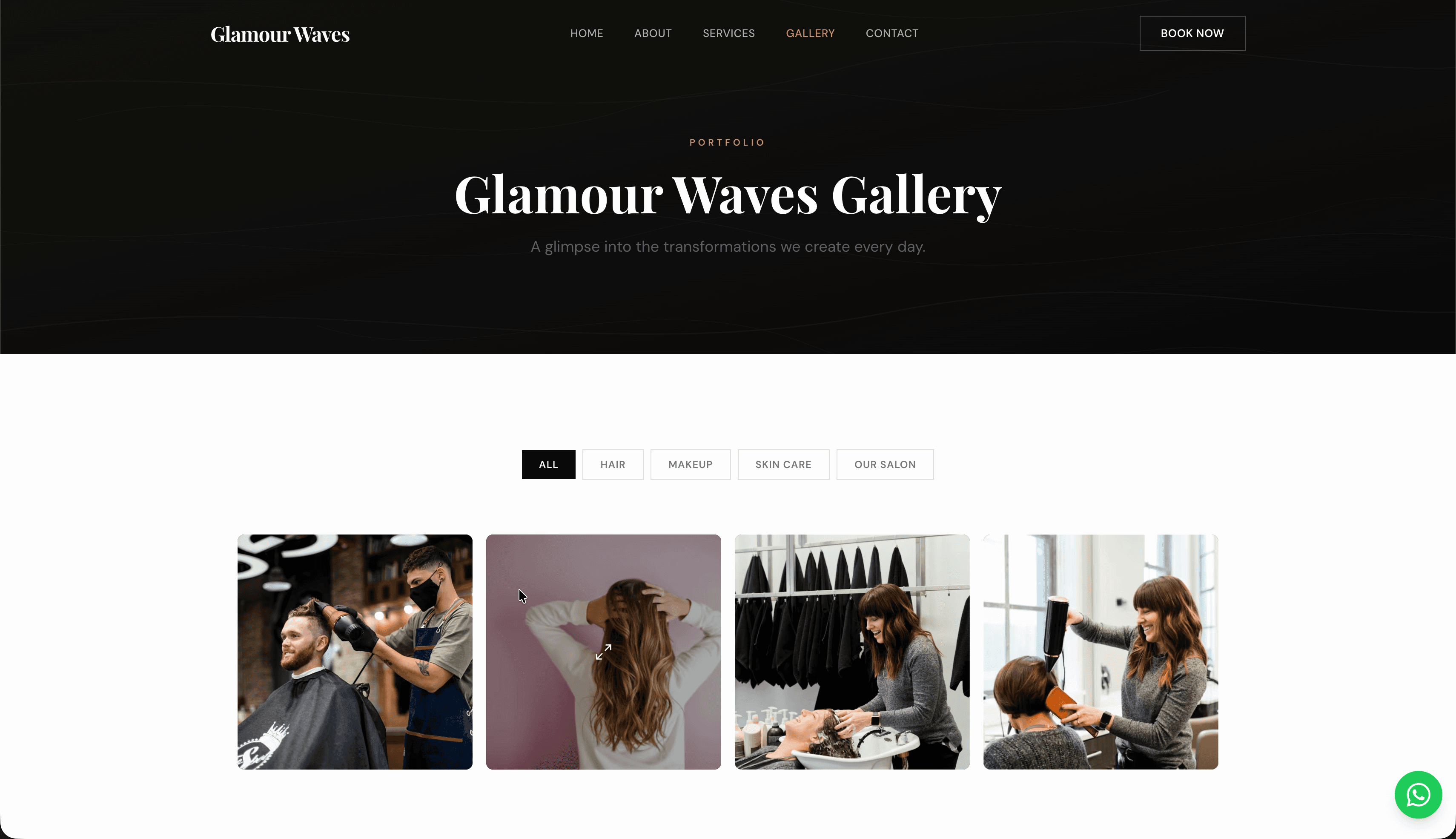 Velvet gallery — salon work portfolio filterable by Hair, Makeup, Skin Care, and Our Salon