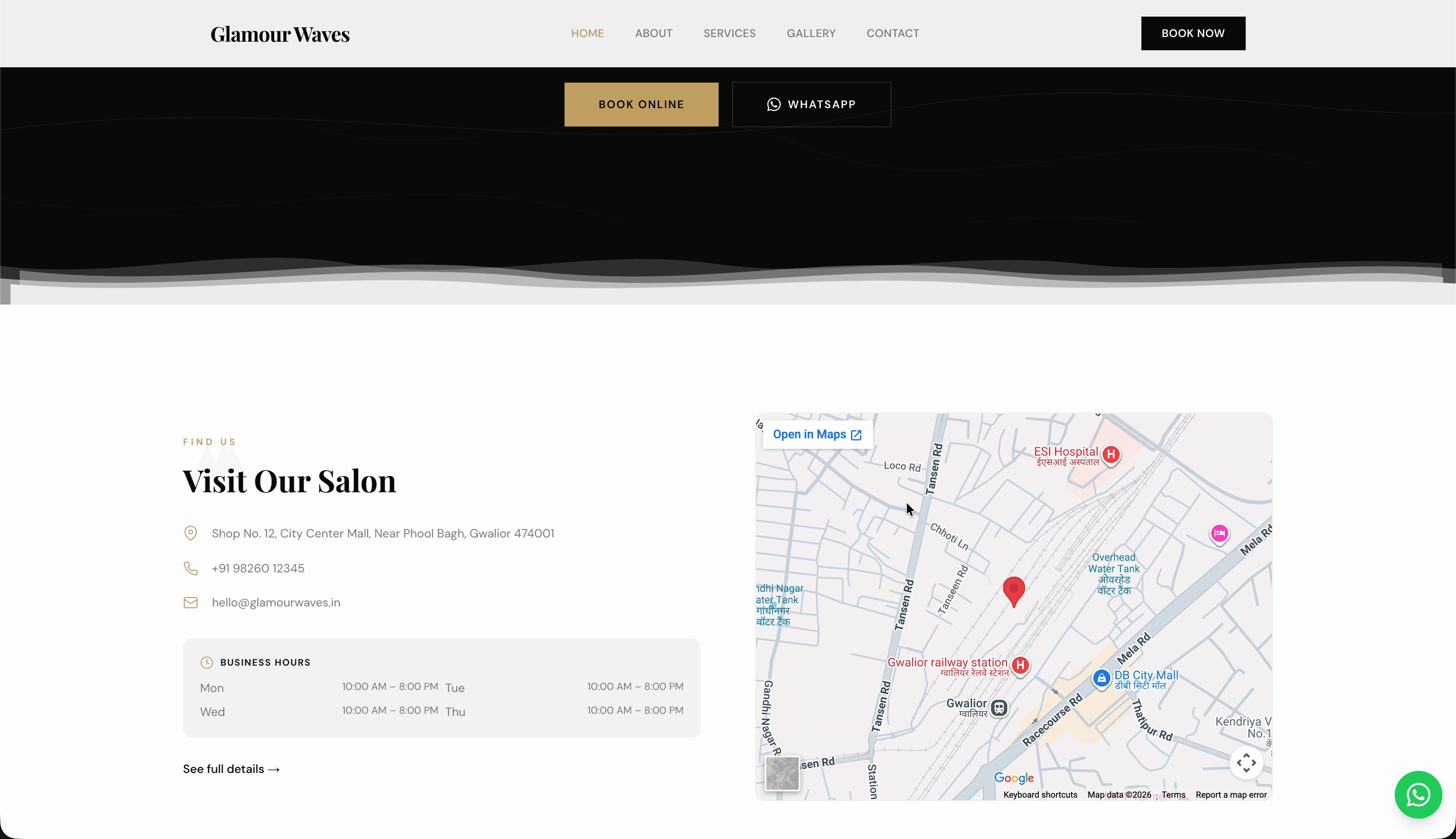 Velvet location section — Google Maps embed with salon address and business hours