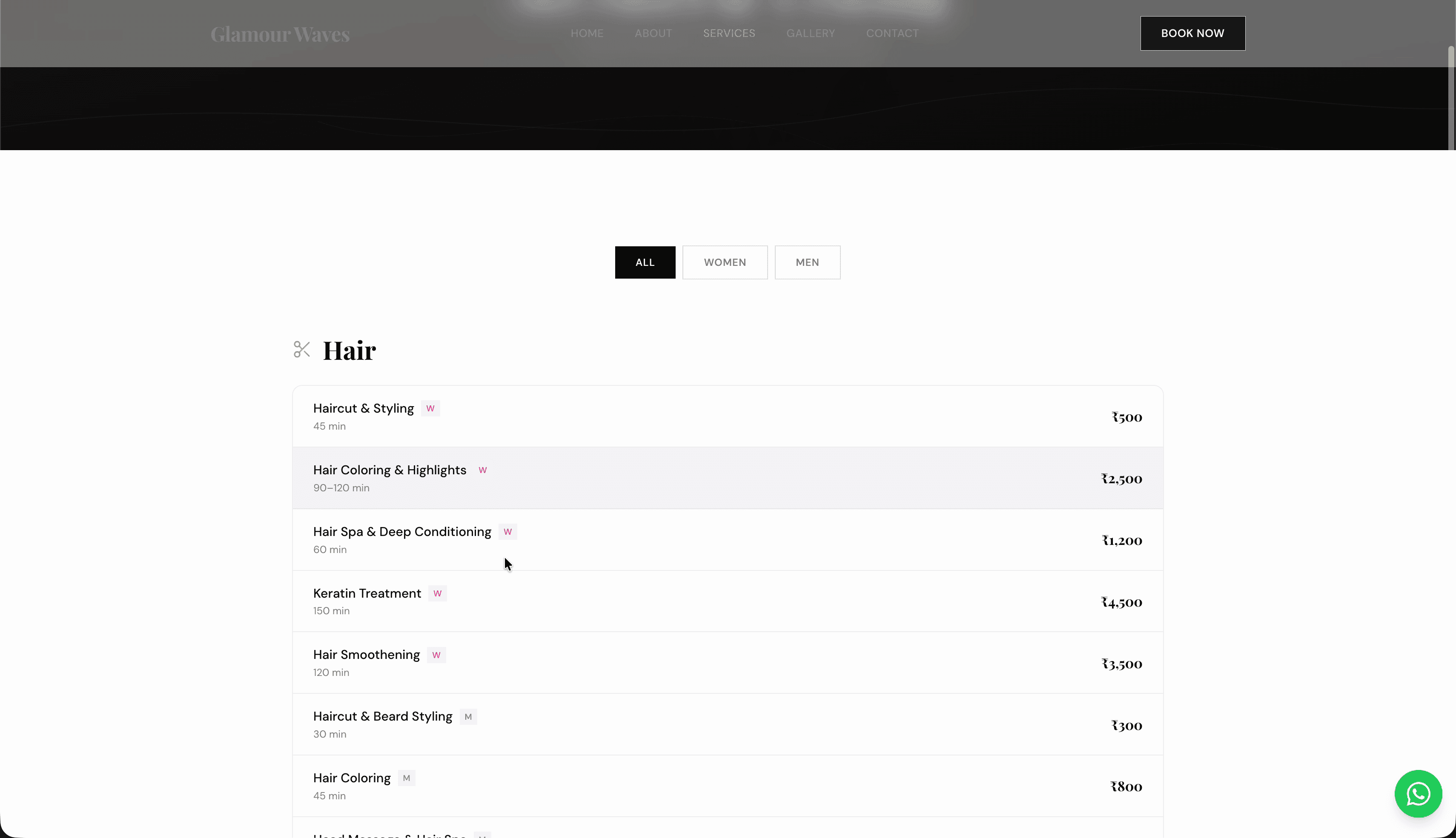Velvet services — hair, skin, makeup pricing with duration, gender tags, and category filters